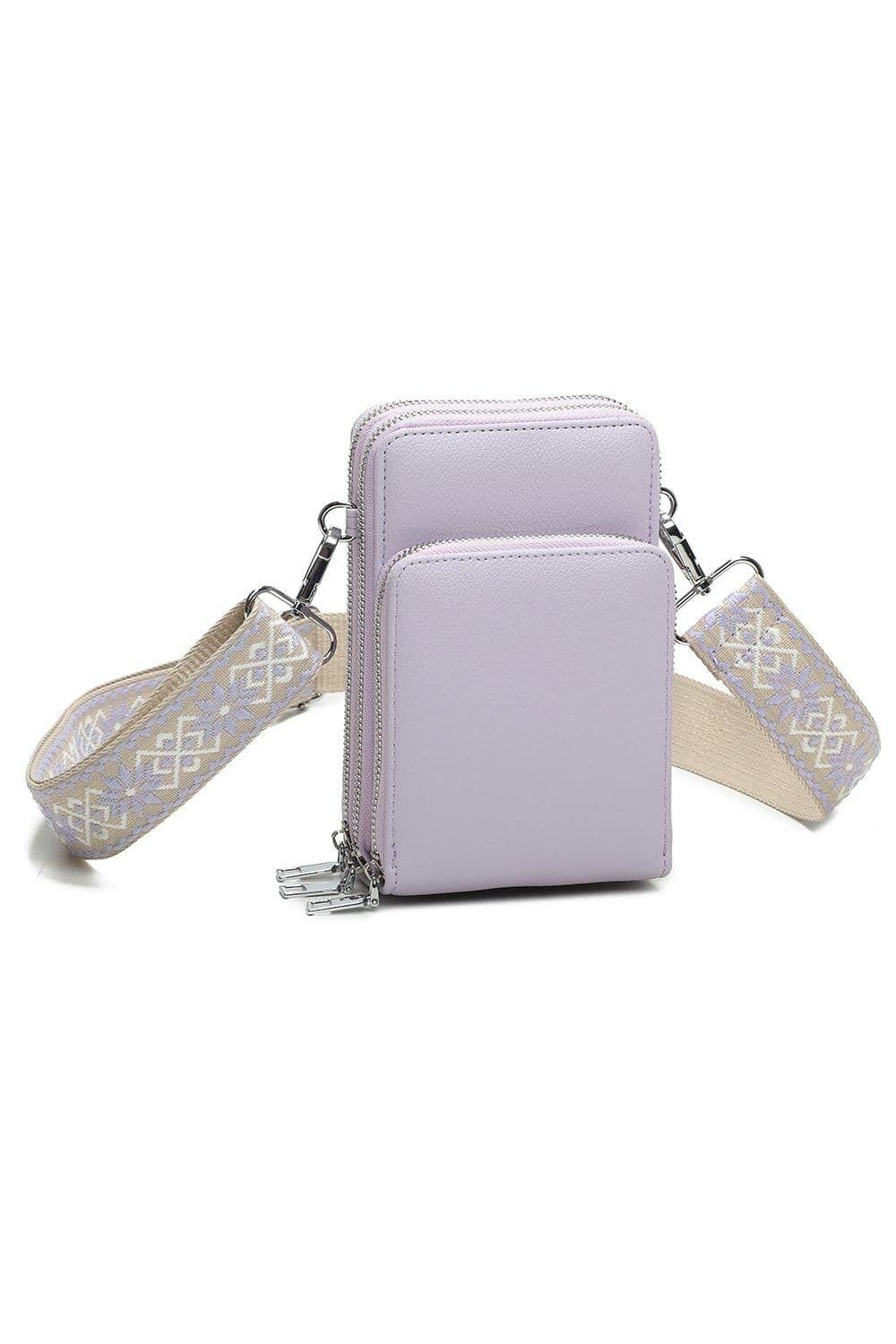 Fontanella Fashion Women's Triplo Tri-Compartments PU Leather Crossbody Purse with Canvas Strap in Lilac