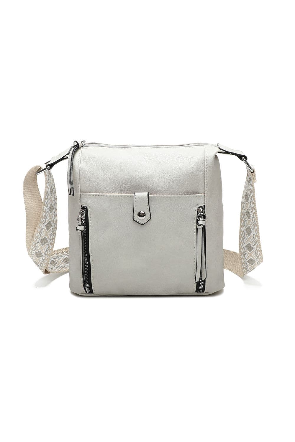 Fontanella Fashion Women's Isa Quadruple Zips PU Leather Crossbody Messenger Bag with Canvas Strap in Light Grey