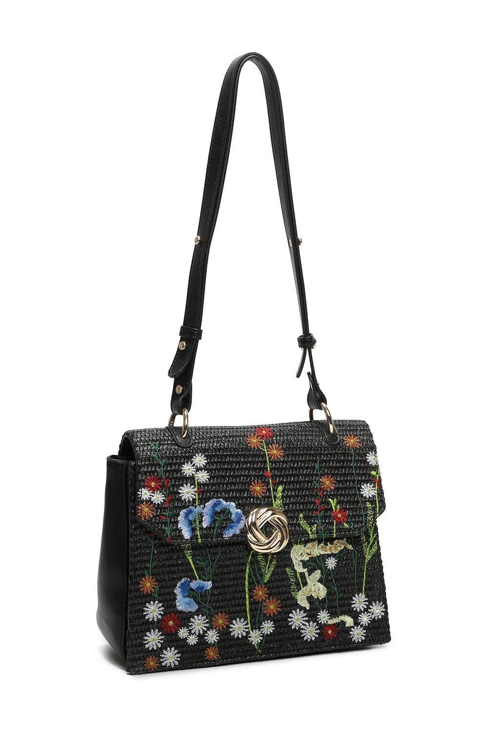 Fontanella Fashion Women's Suya Flower Woven Finish PU Leather Shoulder Bag in Black