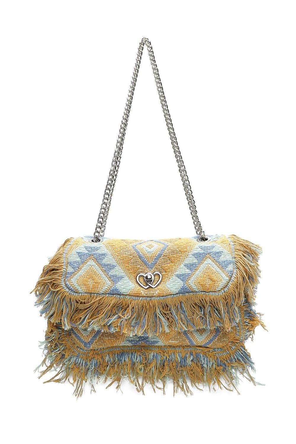 Fontanella Fashion Women's Orman Woven Finish Shoulder Bag with Chain Strap in Yellow