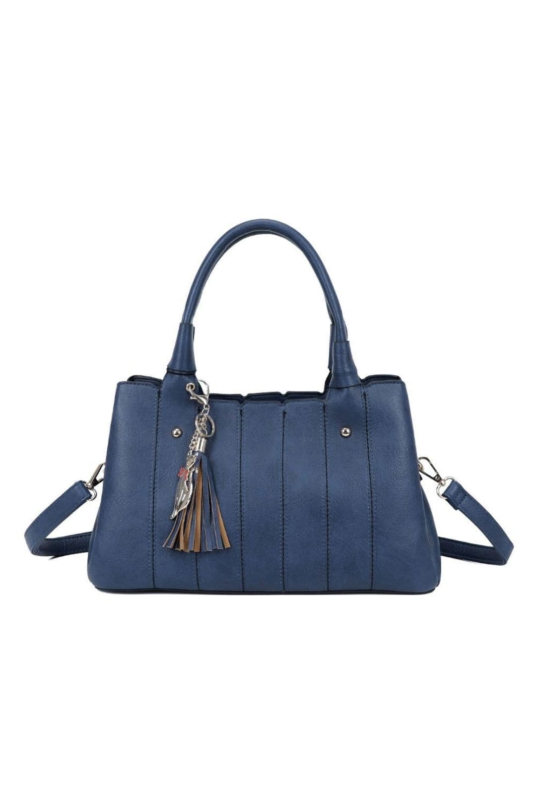 Fontanella Fashion Women's Katze Striped PU Leather Tote Shoulder Handbag with Kitten Charm in Navy