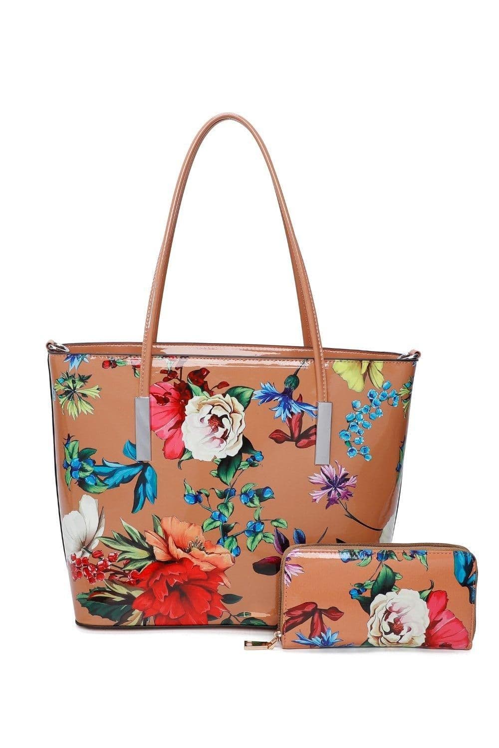 Fontanella Fashion Women's Fleur Glossy Flower Print Shoulder Tote Bag & Purse 2 in 1 in Light Brown