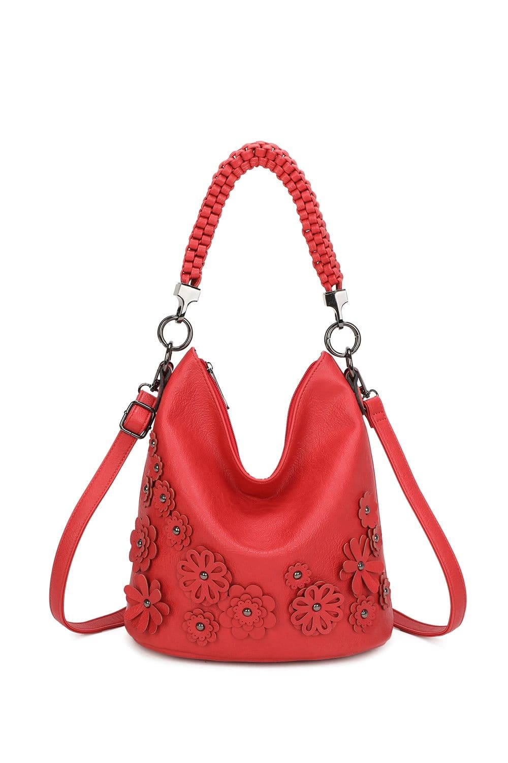 Fontanella Fashion Women's Trous Flower PU Leather Shoulder Bag with Braided Handle in Red