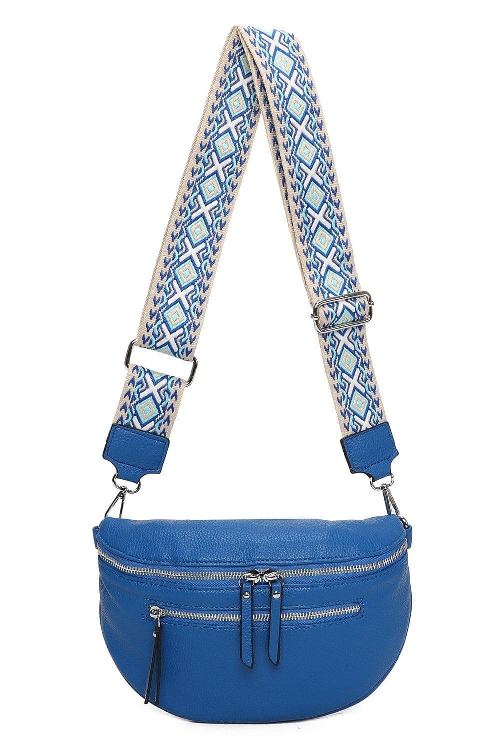 Fontanella Fashion Women's Rooney Triple Zip PU Crossbody Bag with Canvas Strap in Mid Blue