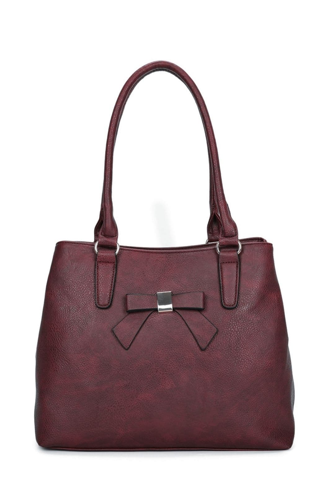 Fontanella Fashion Women's Mayer Ribbon Dual Compartment PU Leather Shoulder Tote Bag in Burgundy