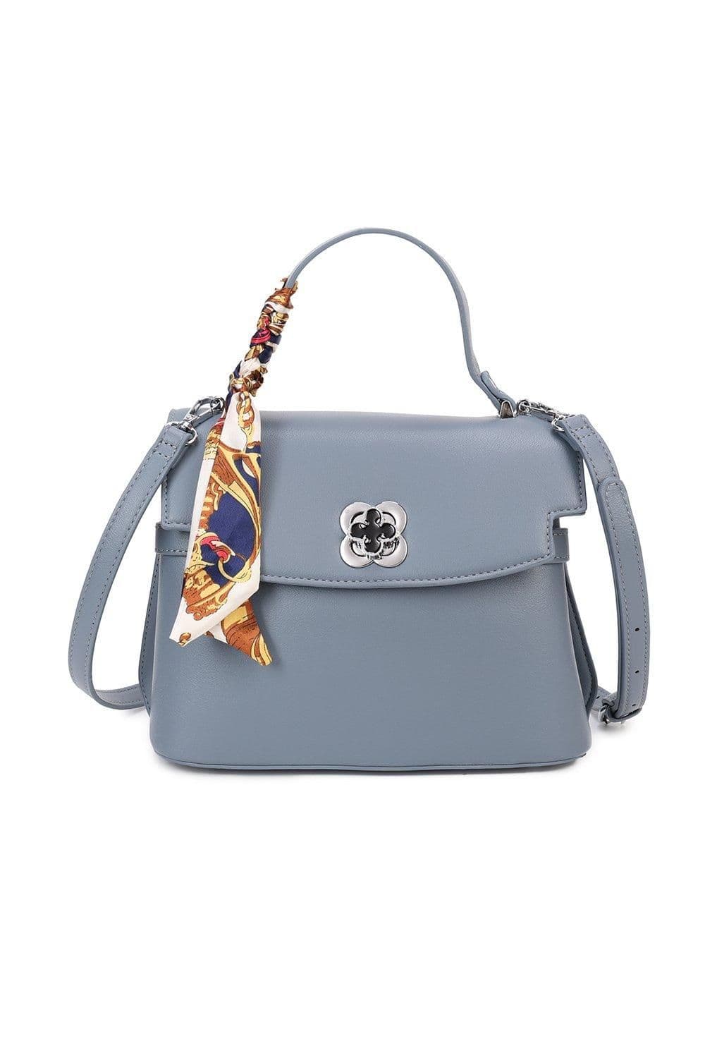 Fontanella Fashion Women's Iris Clover Lock PU Leather Crossbody Top-Handle Bag with Silk Scarf in Light Blue