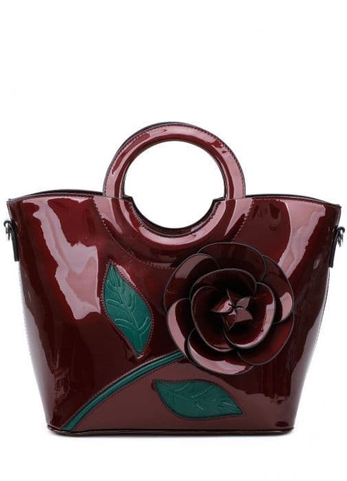 Fontanella Fashion Women's Rosa Large 3D PU rose patent floral pattern Top Handle tote handbag in Burgundy