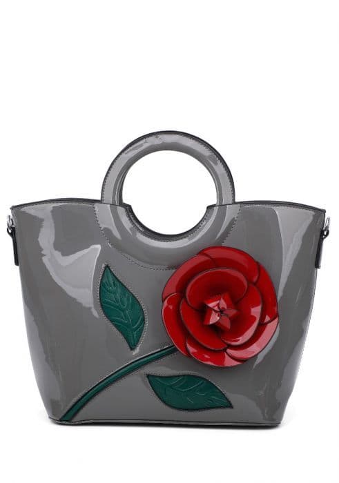 Fontanella Fashion Women's Rosa Large 3D PU rose patent floral pattern Top Handle tote handbag in Mid Grey