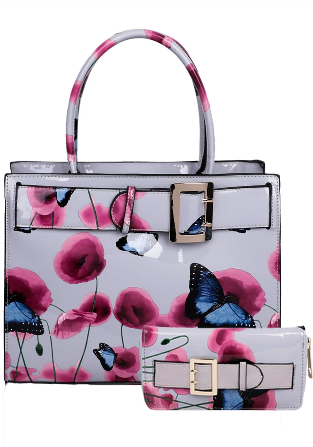 Fontanella Fashion Women's Rouge PU Patent Poppy Flower & Buttlefly Print With Belt Detail Top-Handle Bag With Purse Set in Light Grey