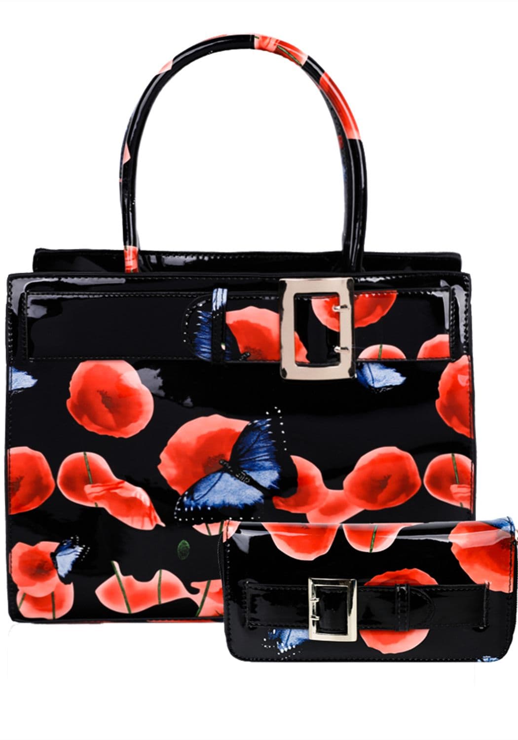 Fontanella Fashion Women's Rouge PU Patent Poppy Flower & Buttlefly Print With Belt Detail Top-Handle Bag With Purse Set in Black