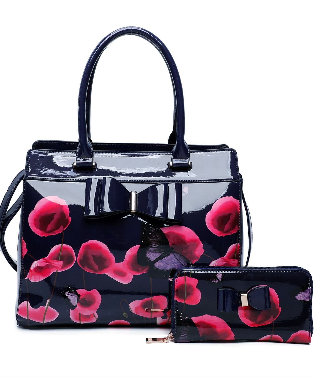 Fontanella Fashion Women's Papavero 2IN1 PU Patent Poppy Flower & Buttlefly Bucket Shaped With Purse Set in Navy