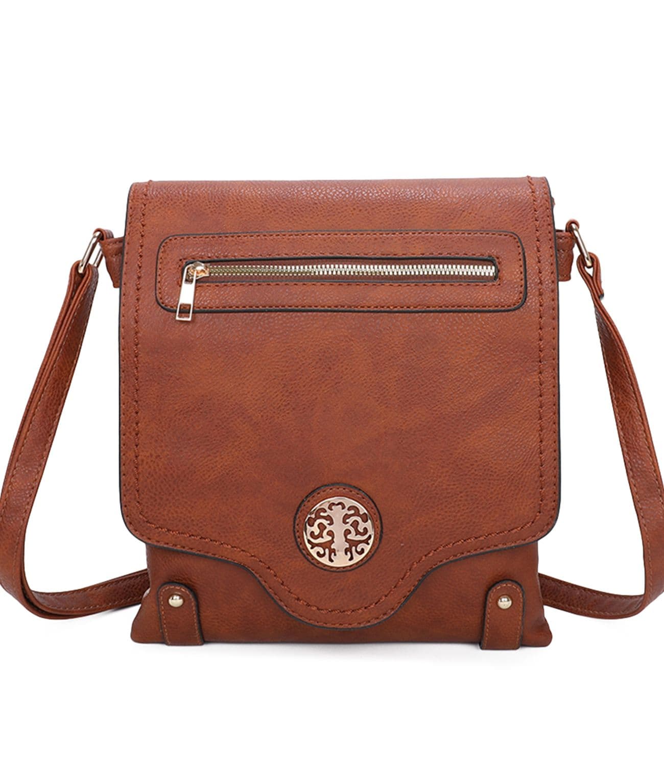 Fontanella Fashion Women's Sara Triple Zip Dual Compartments PU Crossbody Messenger Bag in Brown