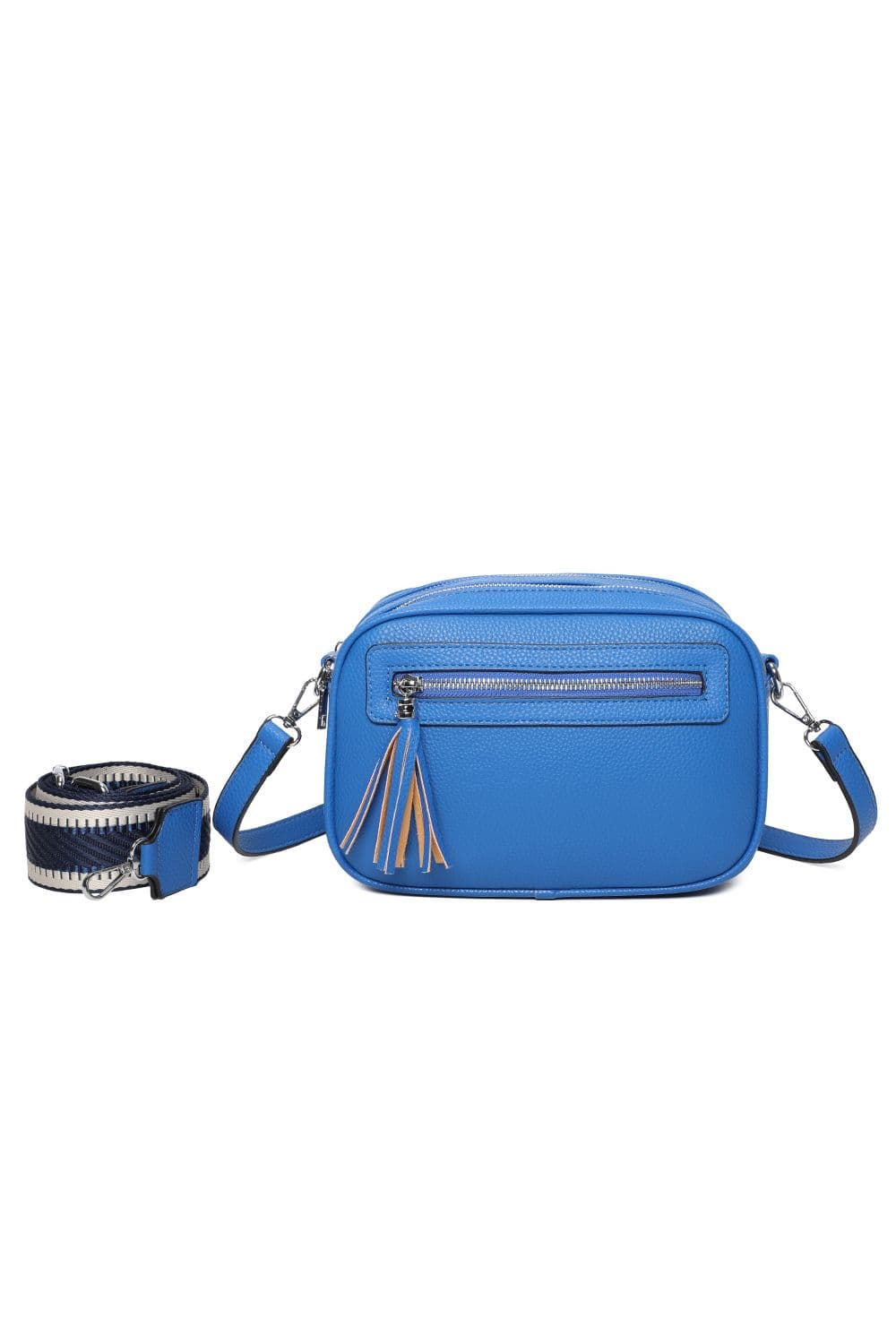 Fontanella Fashion Women's Urban Charm Tassel 2 Compartments Multi Pocket Crossbody Bag with two bag straps in Bright Blue