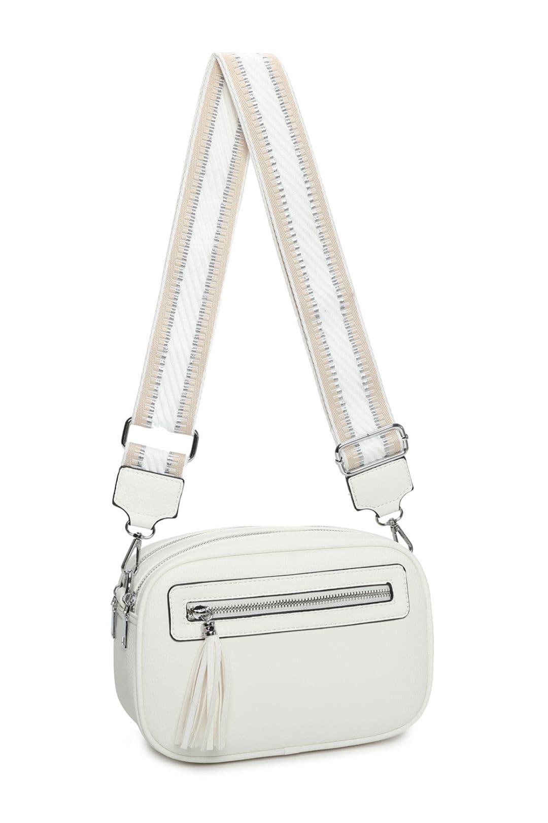 Fontanella Fashion Women's Urban Charm Tassel 2 Compartments Multi Pocket Crossbody Bag with two bag straps in White