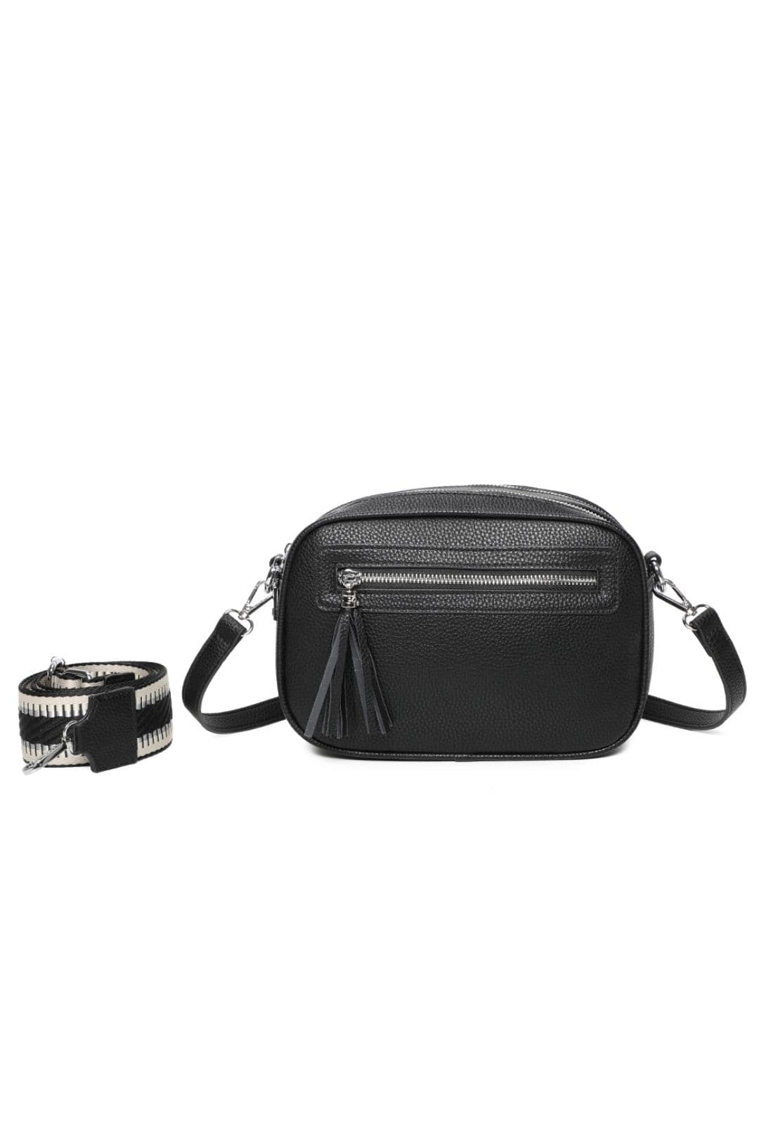 Fontanella Fashion Women's Urban Charm Tassel 2 Compartments Multi Pocket Crossbody Bag with two bag straps in Black