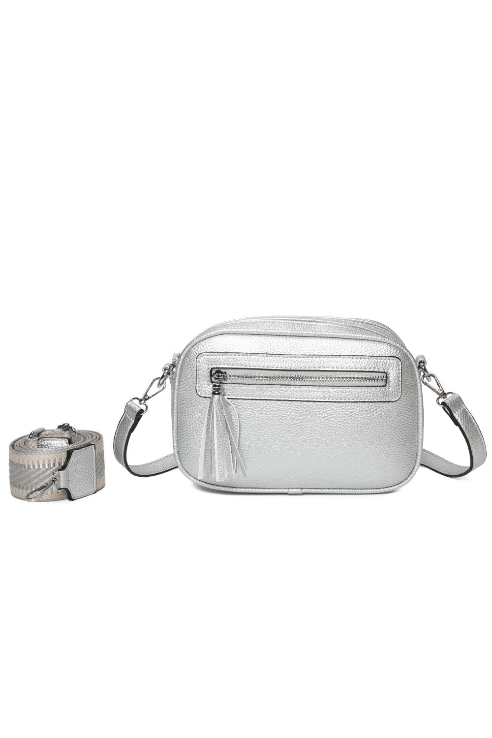 Fontanella Fashion Women's Urban Charm Tassel 2 Compartments Multi Pocket Crossbody Bag with two bag straps in Silver