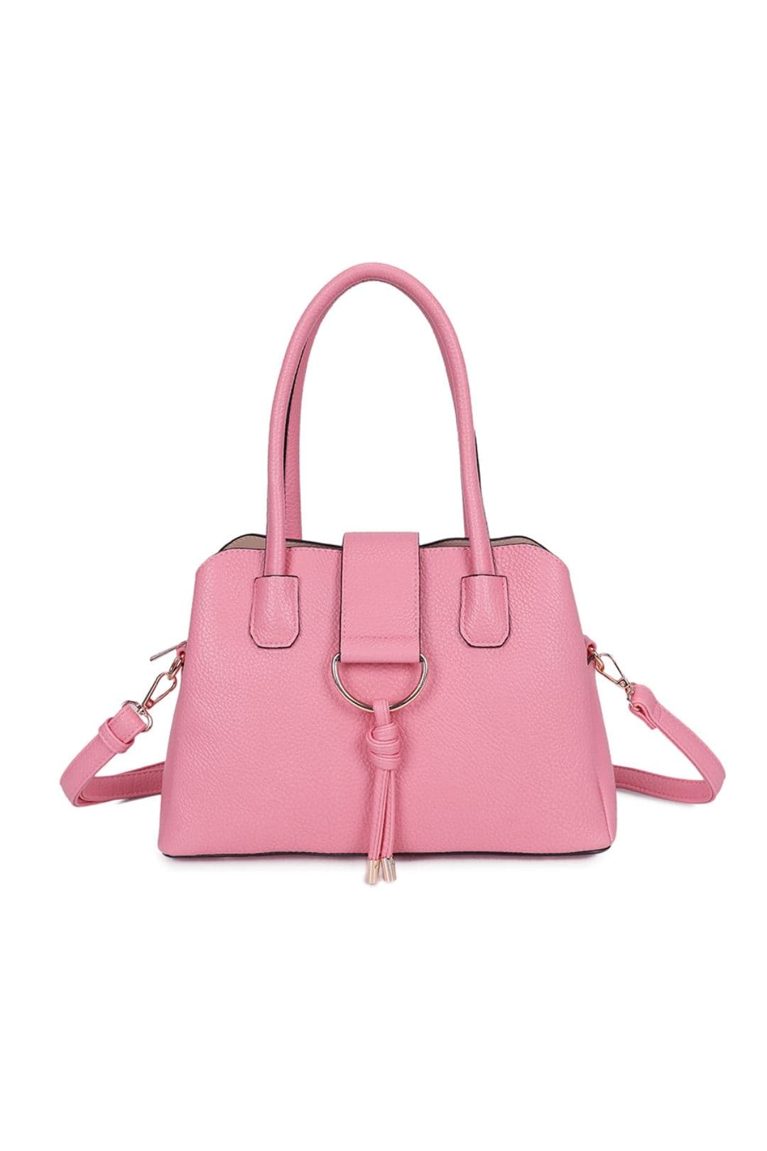 Fontanella Fashion Women's BellaElan PU Leather Triple Compartment Handbag with a metal D-ring Ornament & an Extra Long Strap in Light Pink