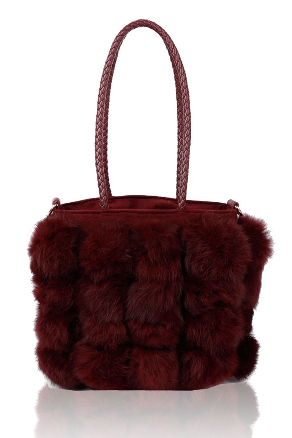 Fontanella Fashion Women's Bucket Shaped Shoulder Bag With Fur Pom-Pom in Burgundy