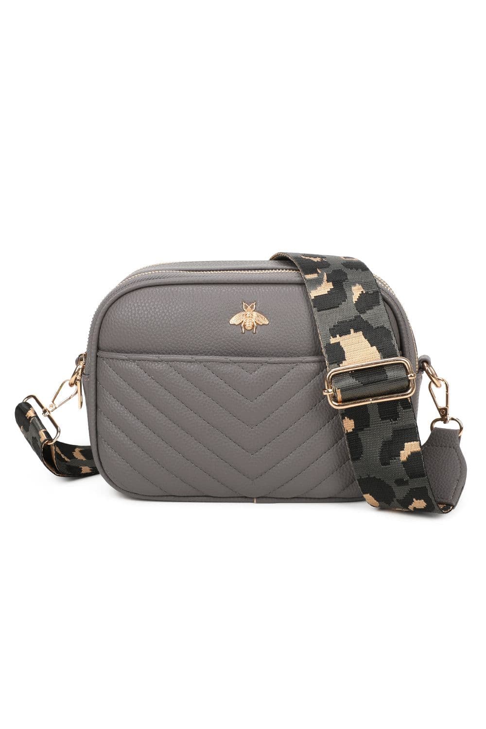 Fontanella Fashion Women's Bee Badge Quilted Double Zipper Compartment Tassel Crossbody Handbag in Dark Grey