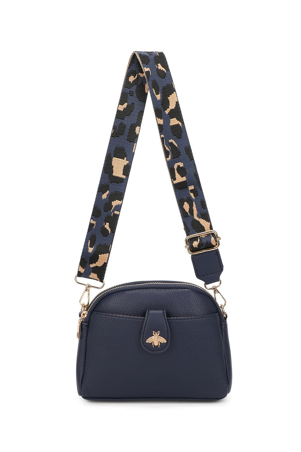Fontanella Fashion Women's Monarch Bee Badge Multi-pocket Crossbody Bag with Leopard Canvas Strap in Navy