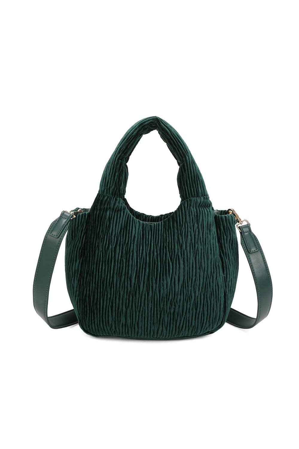 Fontanella Fashion Women's Cordella Small Pleated Velvet Quilted Top Handle HandBag in Emerald