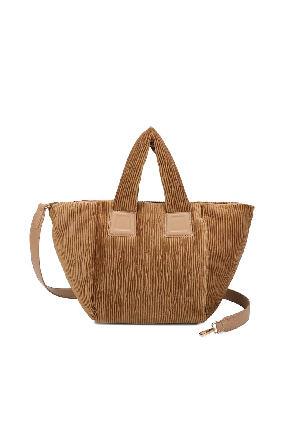 Fontanella Fashion Women's Crinkle Luxe Large Pleated Velvet Quilted Top Handle Tote Bag in Light Brown