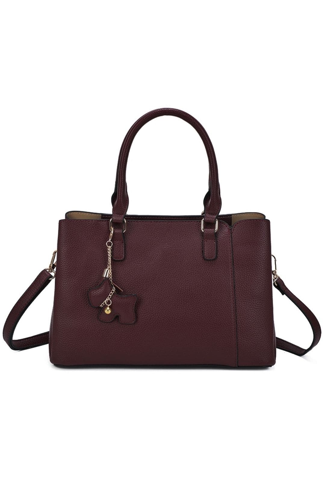 Fontanella Fashion Women's Velvet PU Leather Triple Compartment Shoulder Tote Bag With Dog Charm in Burgundy