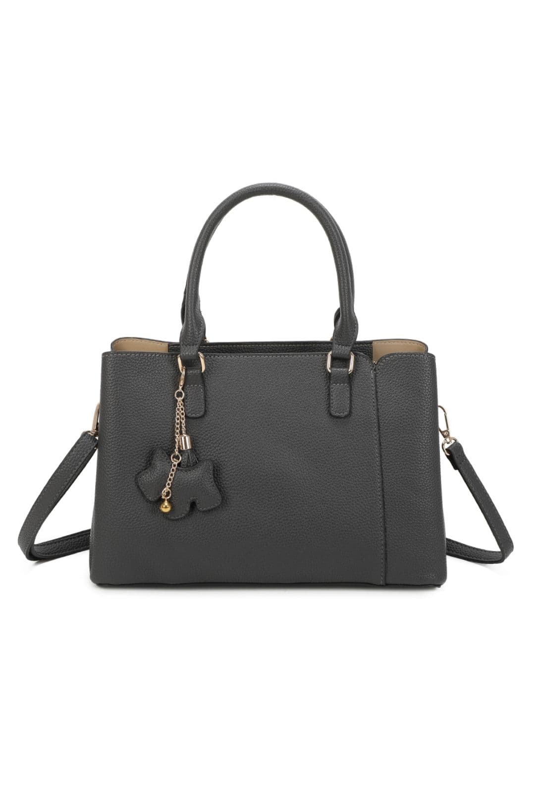 Fontanella Fashion Women's Velvet PU Leather Triple Compartment Shoulder Tote Bag With Dog Charm in Dark Grey