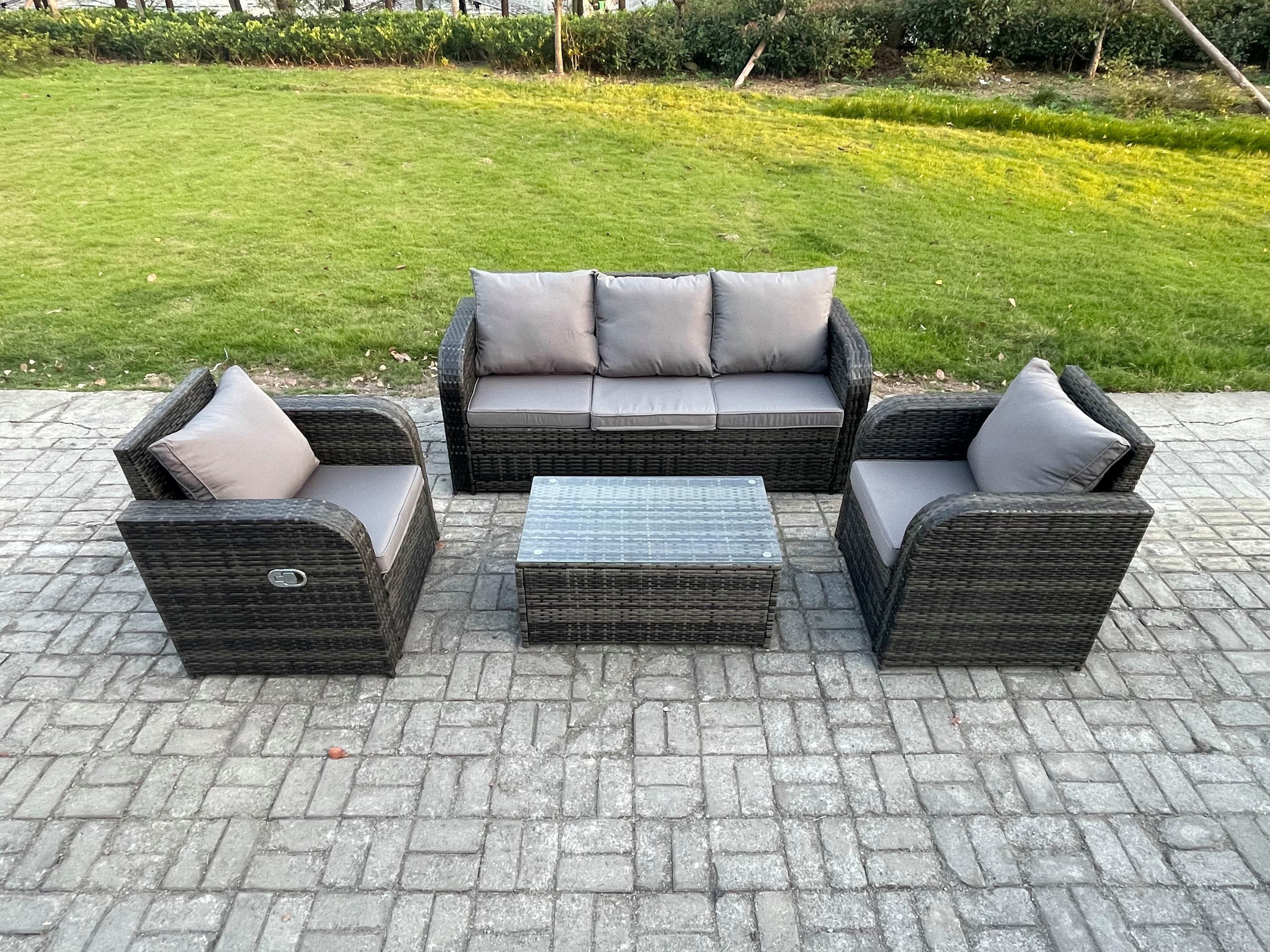 Outdoor Rattan Garden Furniture Set 5 Seater Patio Lounge Sofa Set Rectangular Coffee Table Dark Grey Mixed