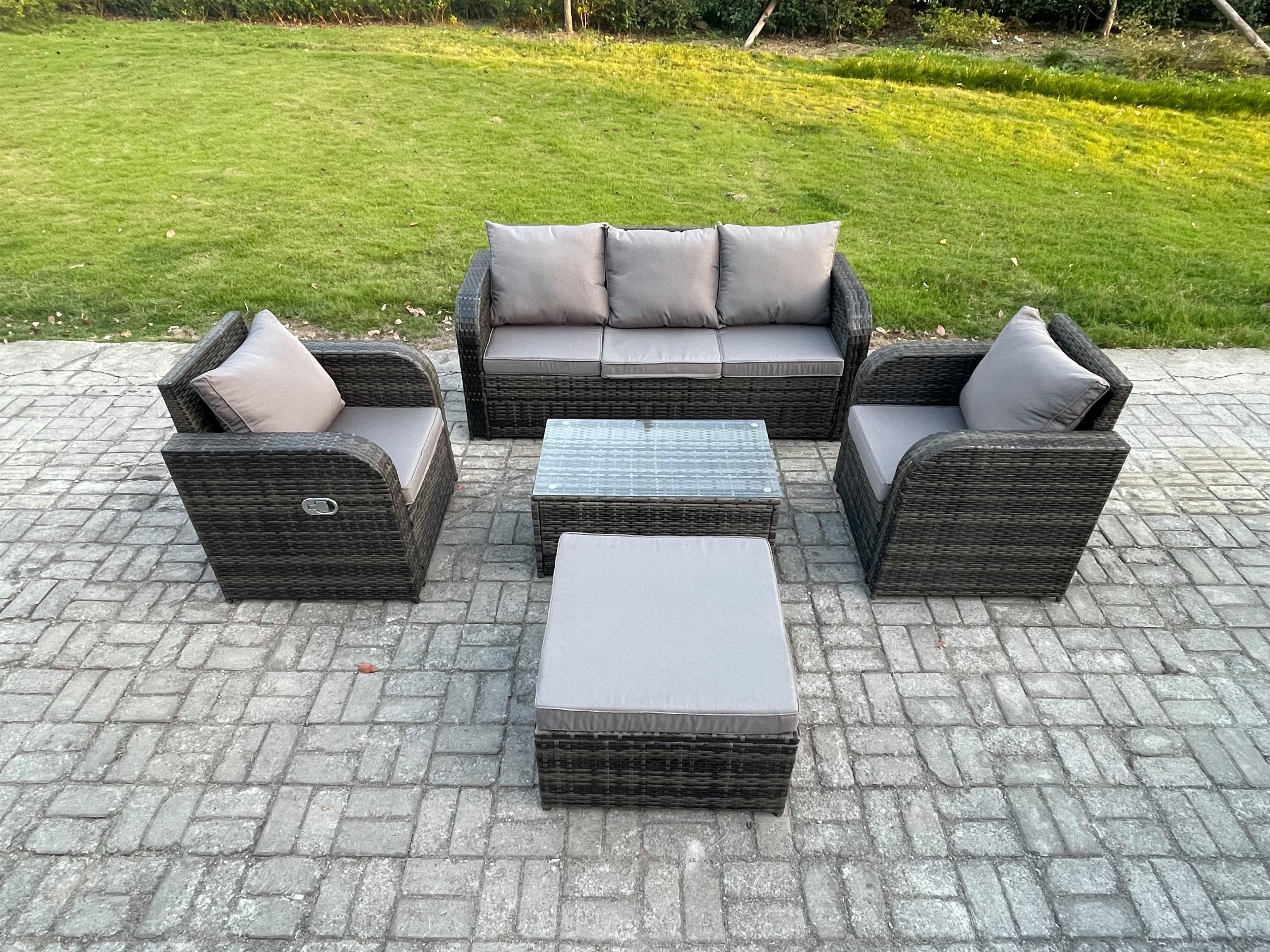 Outdoor Rattan Garden Furniture Set Patio Lounge Sofa Set Reclining Chair Rectangular Coffee Table Big Footstool