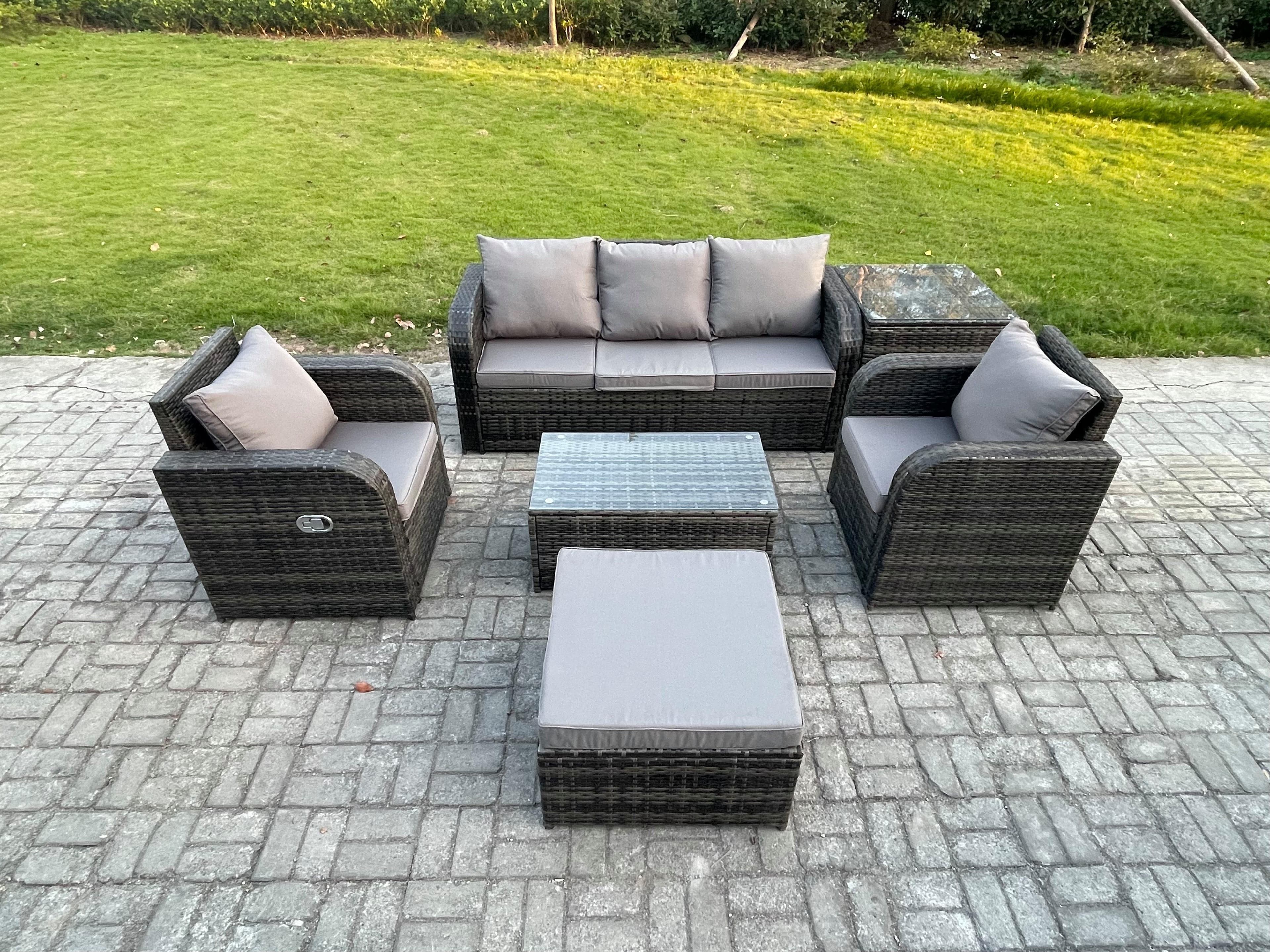 Outdoor Rattan Garden Furniture Set 6 Seater Patio Lounge Sofa Set Reclining Chair Rectangular Coffee Table