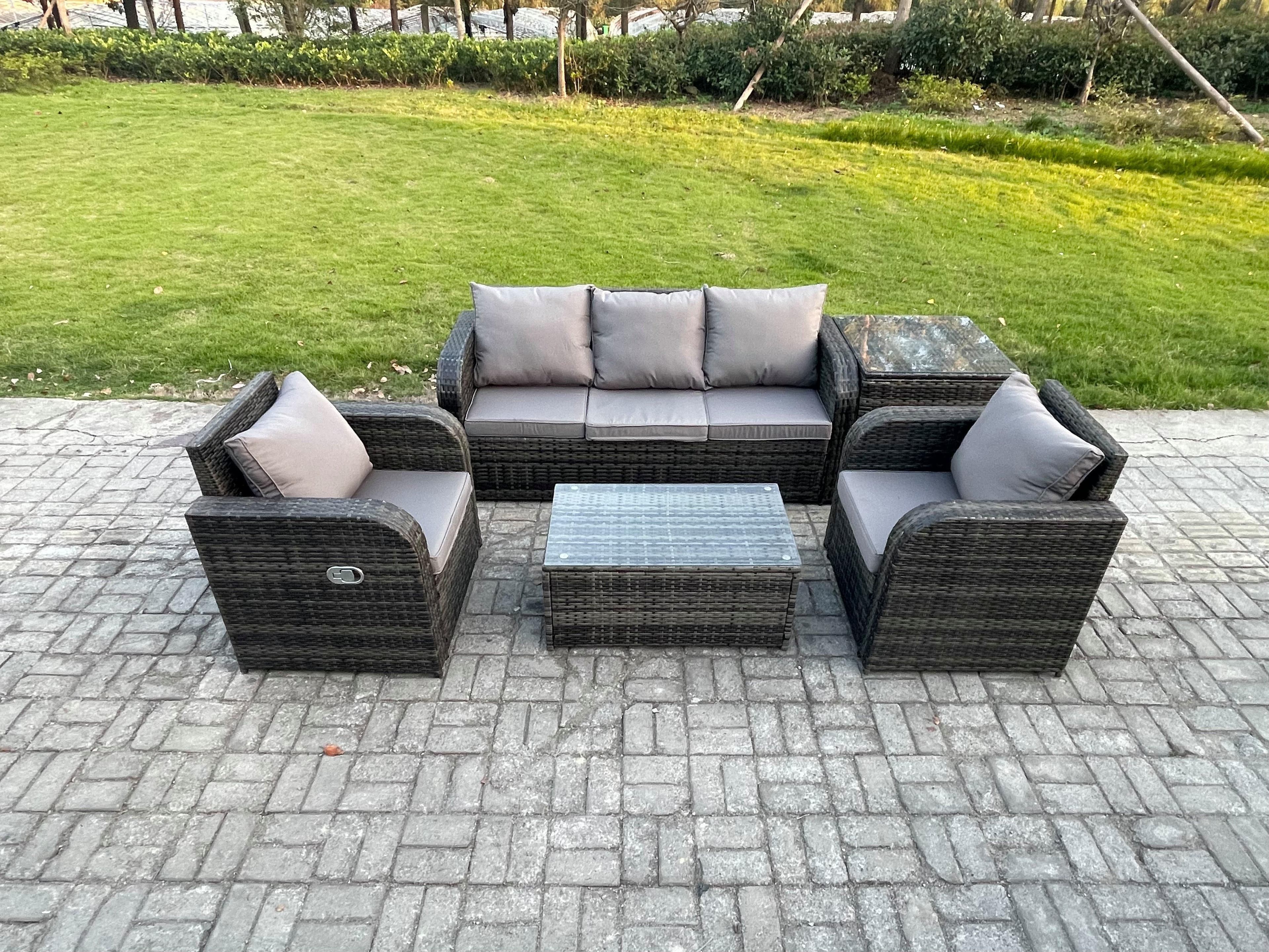 Outdoor Rattan Garden Furniture Set Patio Lounge Sofa Set Reclining Chair Rectangular Coffee Table Side Table