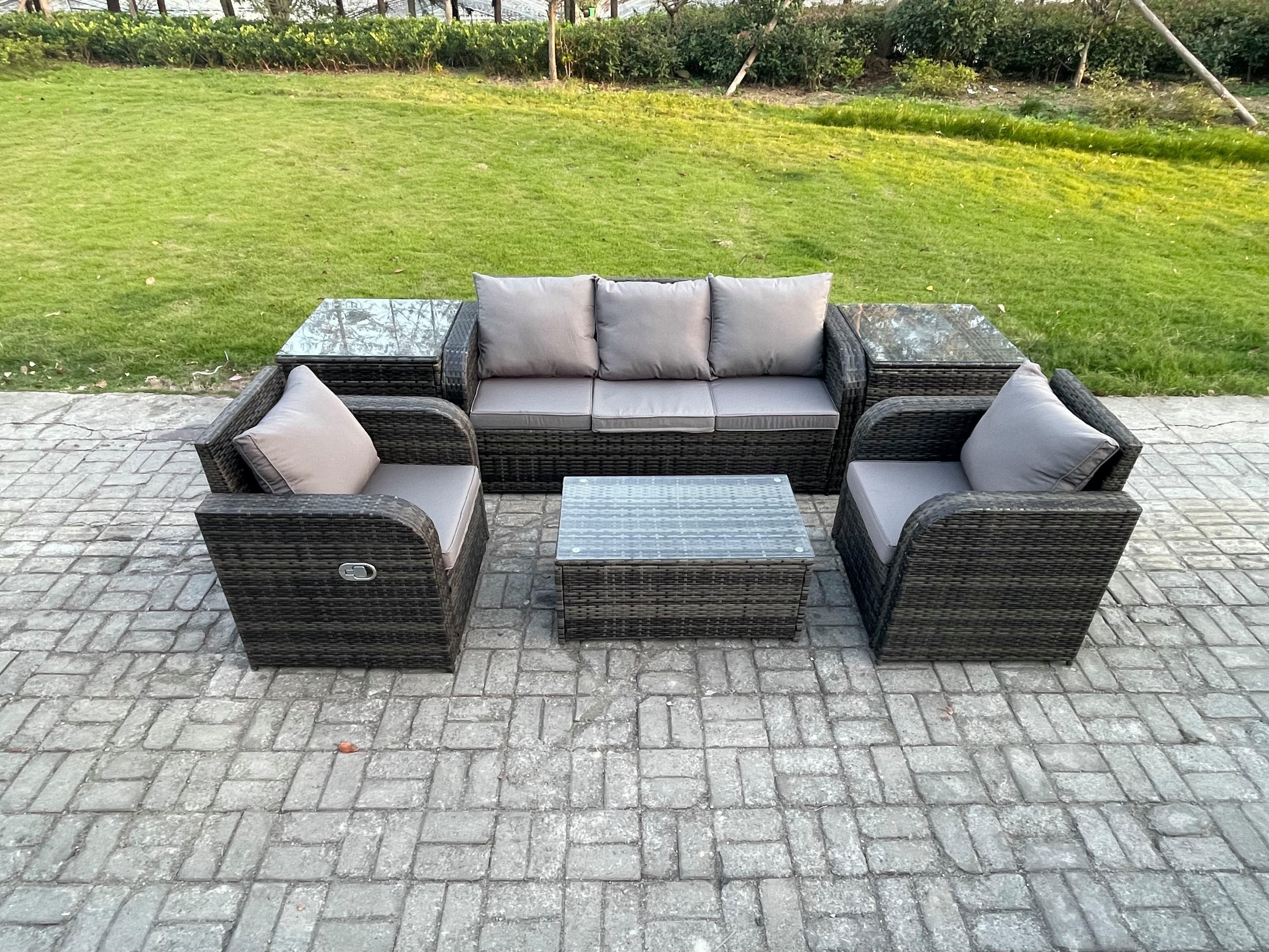 Outdoor Rattan Garden Furniture Set Patio Lounge Sofa Set Reclining Chair Rectangular Coffee Table 2 Side Tables