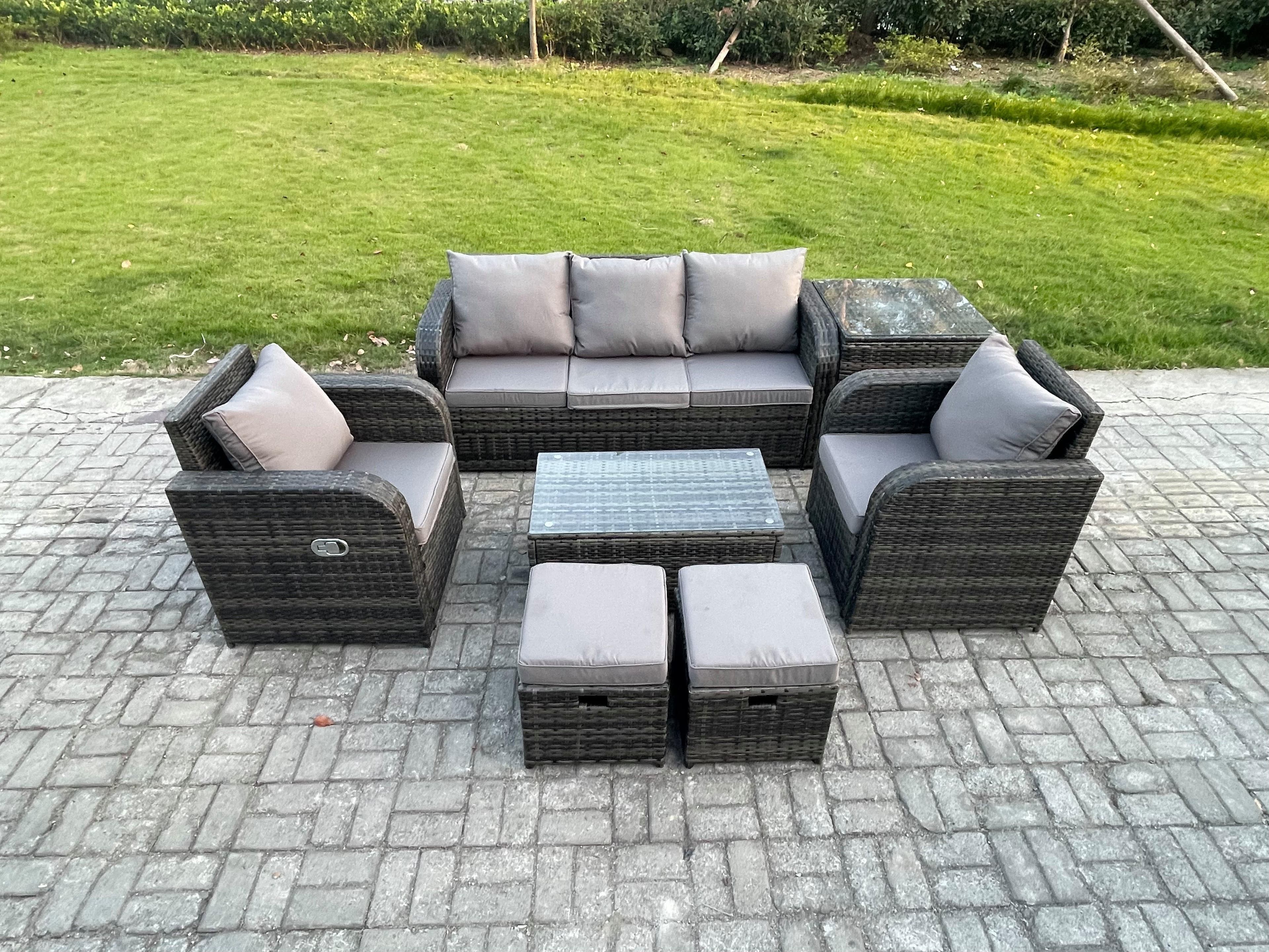 Outdoor Rattan Garden Furniture Set Patio Lounge Sofa Set Reclining Chair Side Table 2 Small Footstools