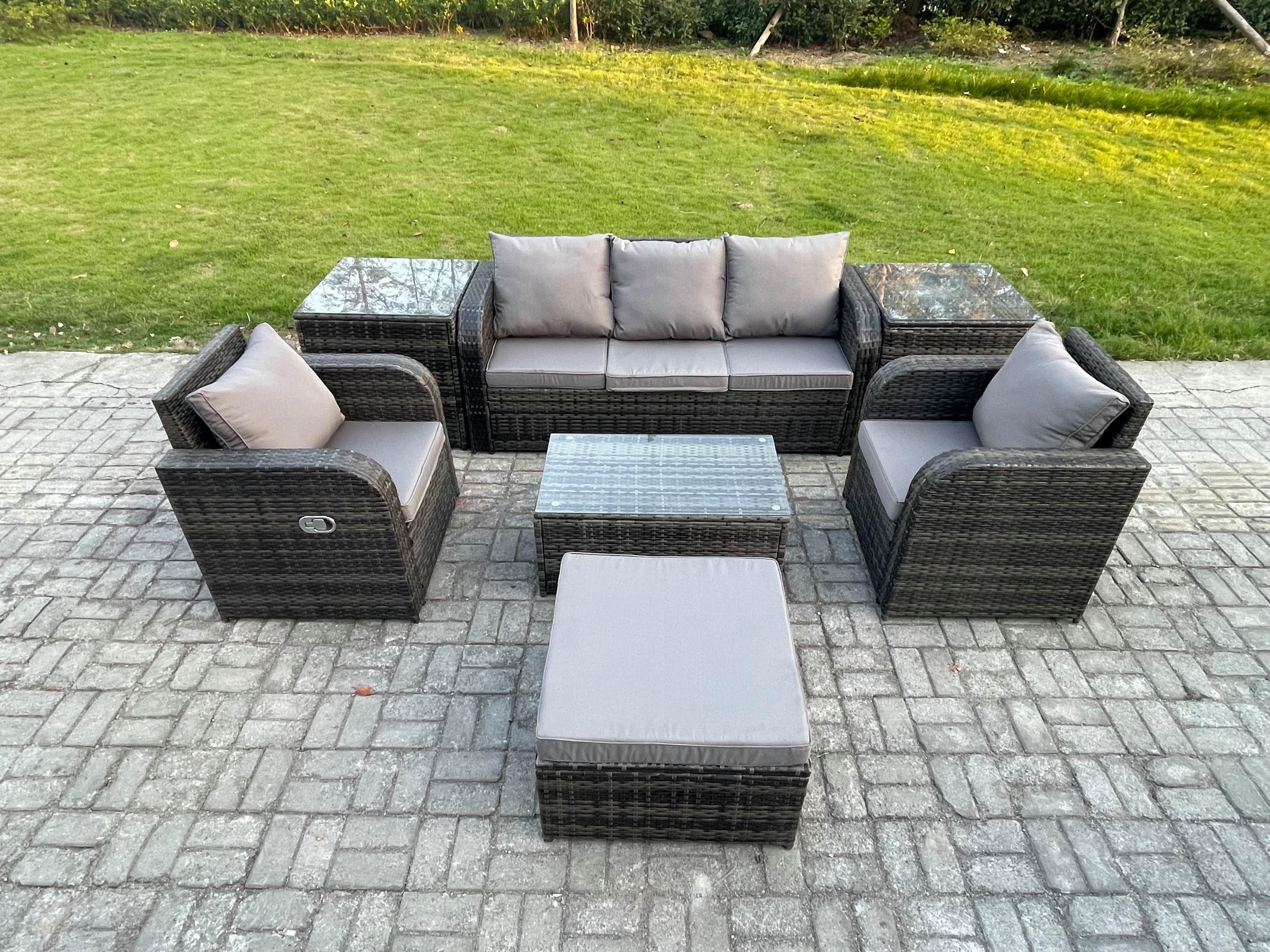 Outdoor Rattan Garden Furniture Set Patio Lounge Sofa Set Reclining Chair Rectangular Coffee Table 2 Side Tables