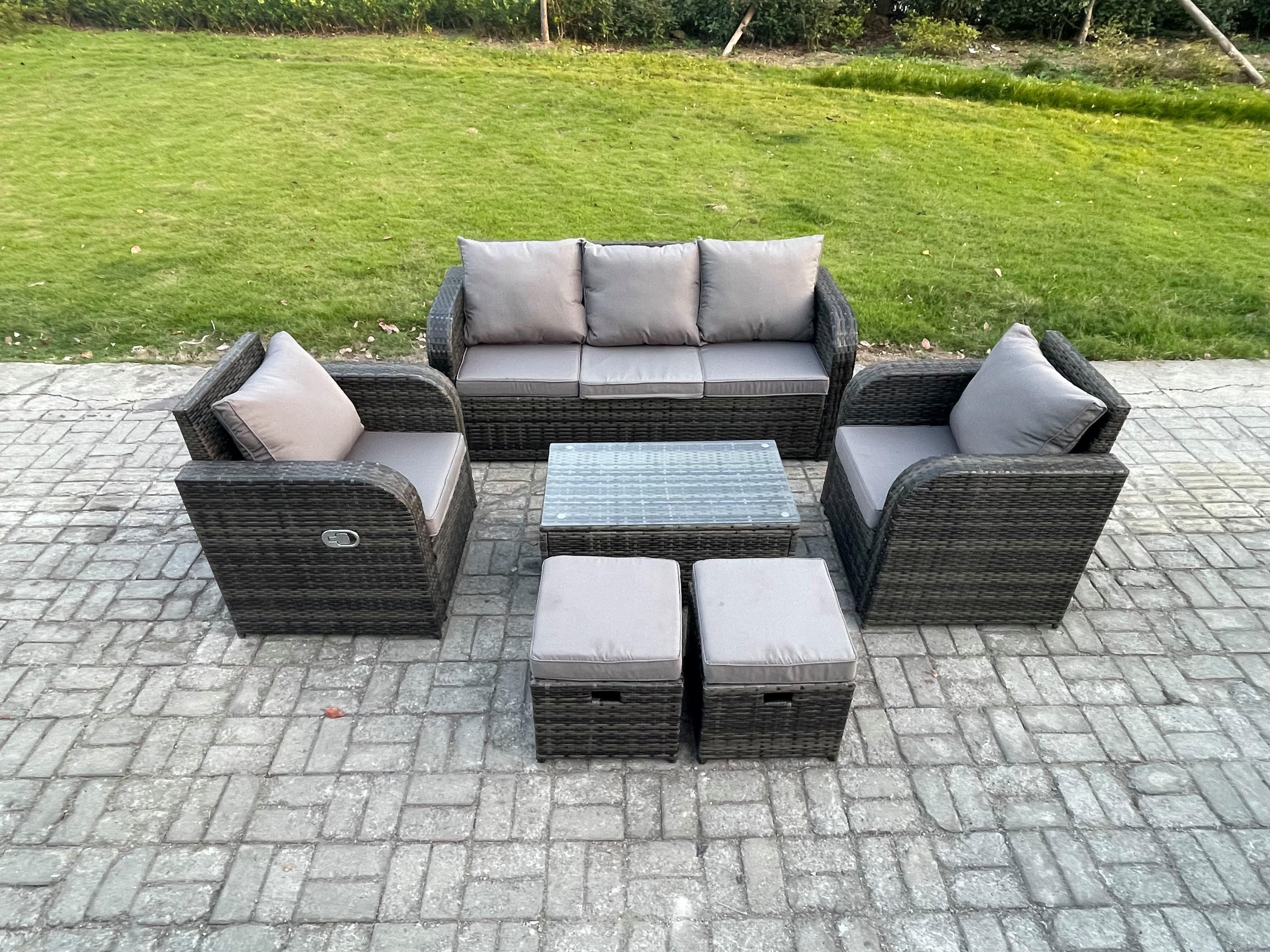 Outdoor Rattan Garden Furniture Set Patio Lounge Sofa Set Reclining Chair Rectangular Coffee Table