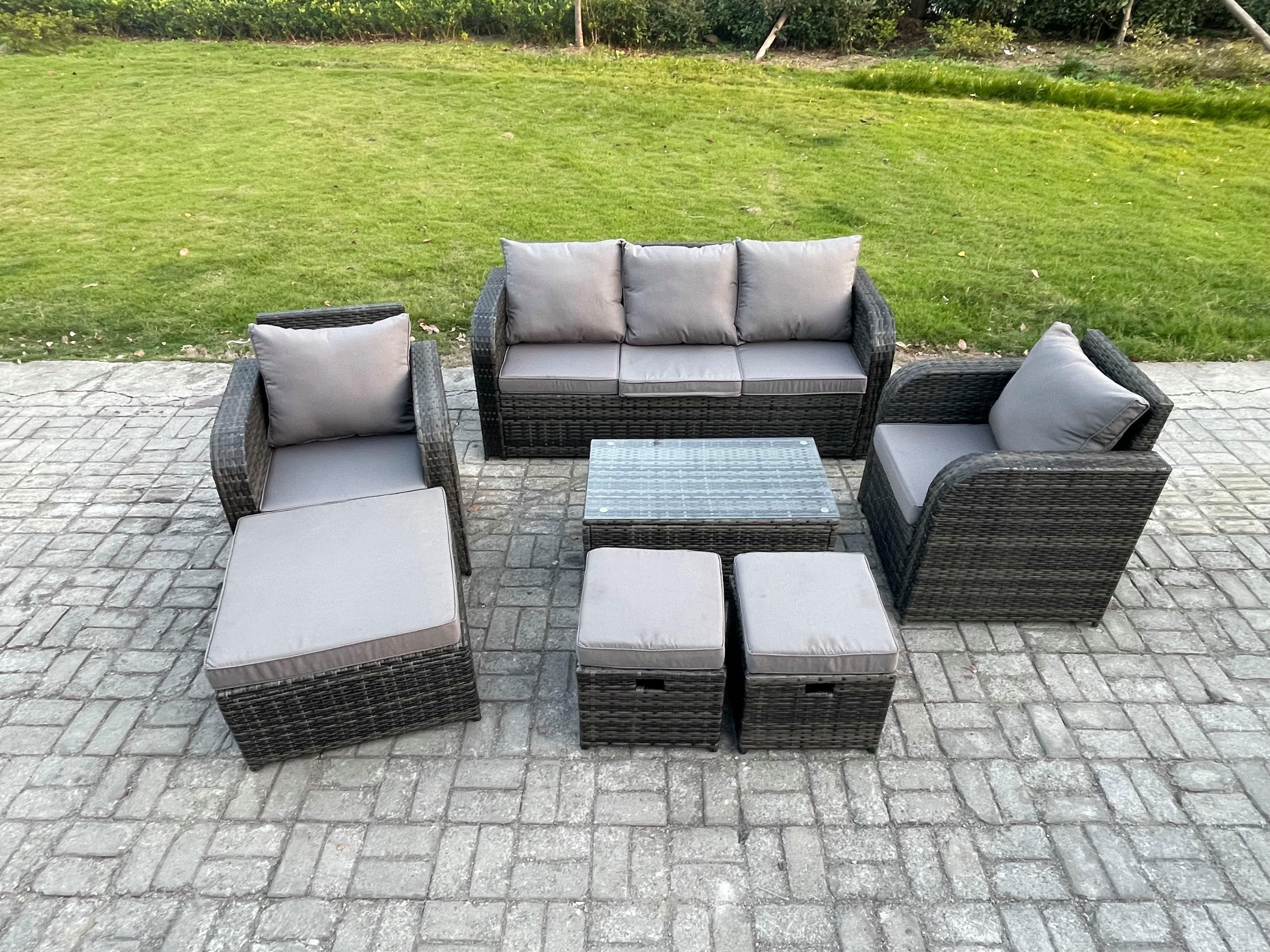 8 Seater Rattan Garden Furniture Set Patio Outdoor Lounge Sofa Set Rectangular Coffee Table 3 Footstools