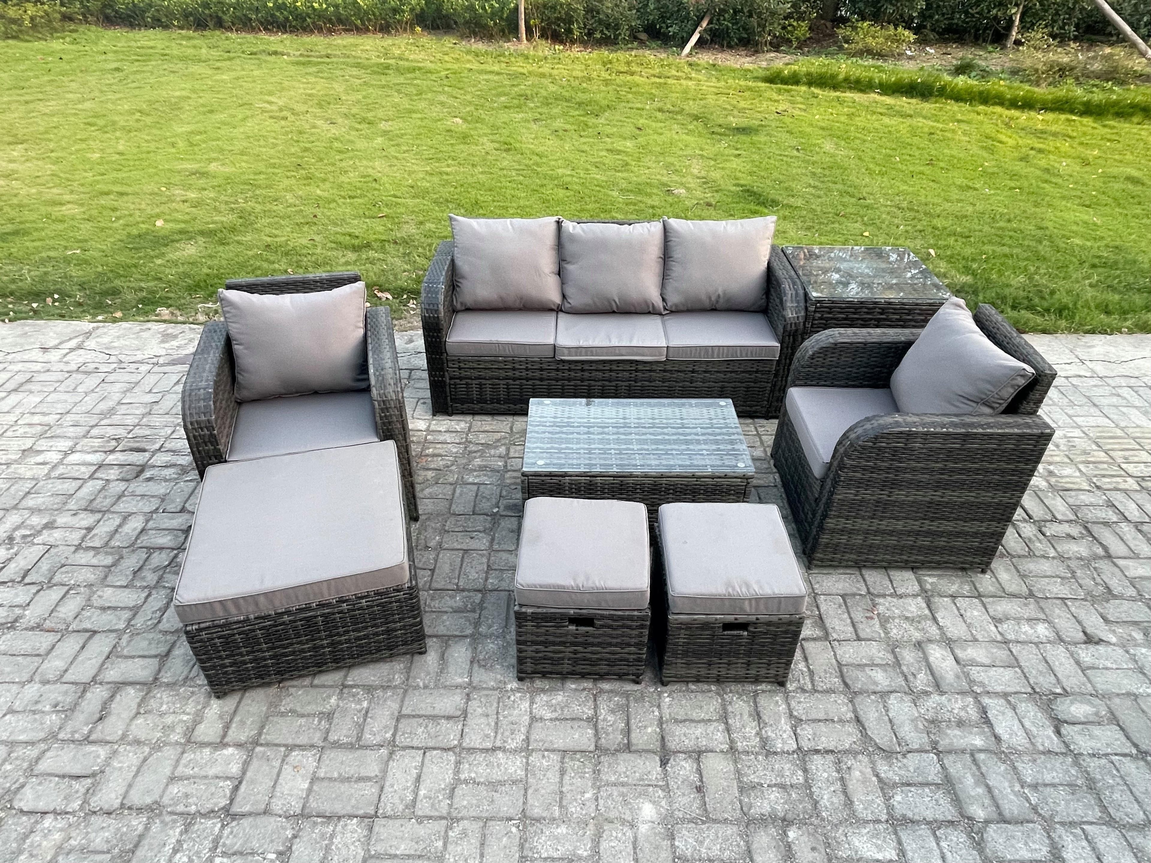 8 Seater Rattan Garden Furniture Set Patio Outdoor Lounge Sofa Set Rectangular Coffee Table 3 Footstools