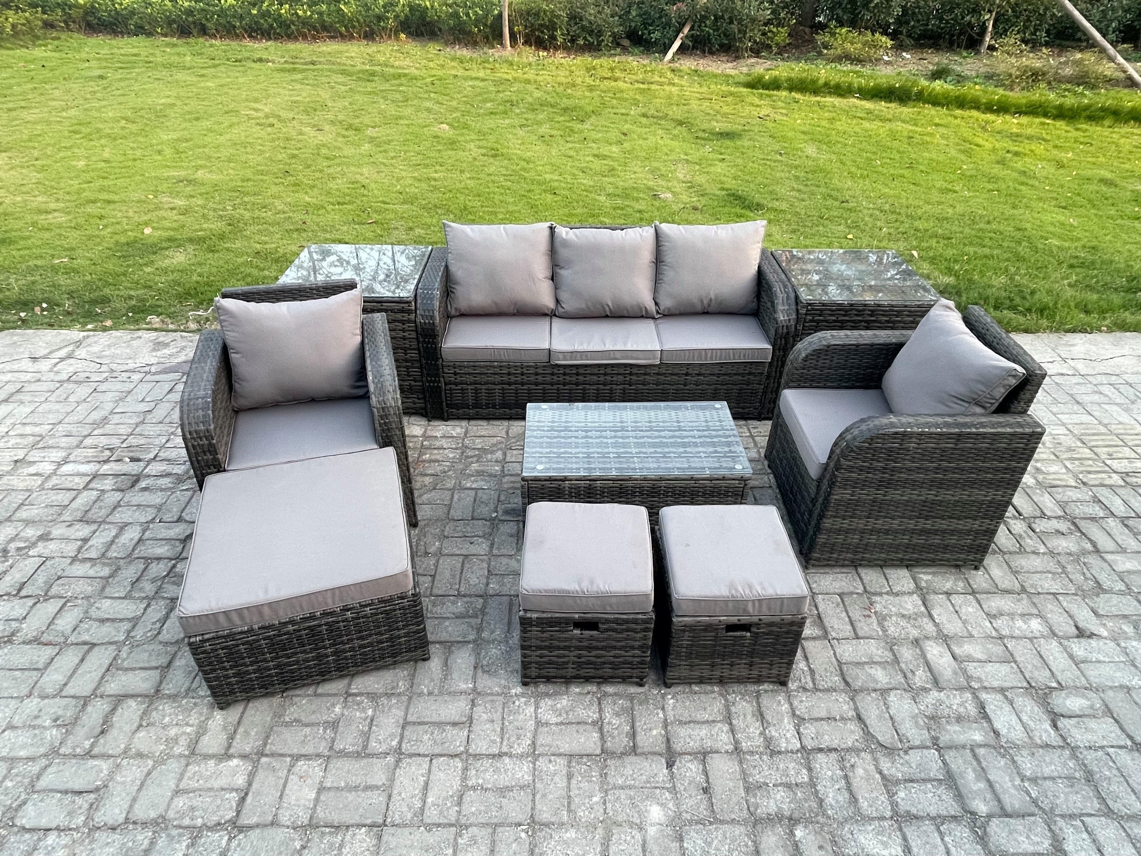 Rattan Garden Furniture Set Patio Outdoor Lounge Sofa Set Rectangular Coffee Table 3 Footstools