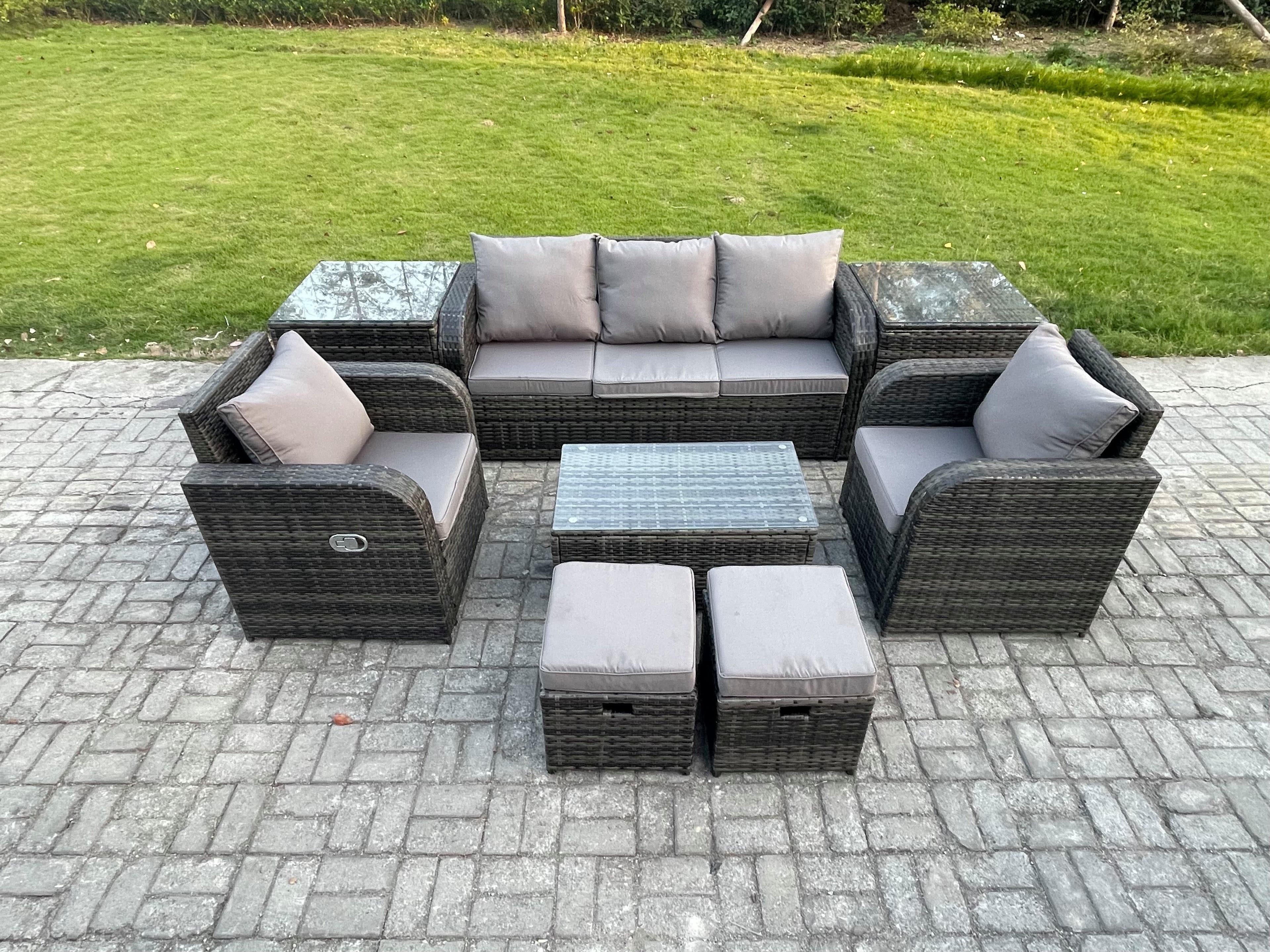 7 Seater Rattan Garden Furniture Set Patio Outdoor Lounge Sofa Set Rectangular Coffee Table 2 Small Footstools