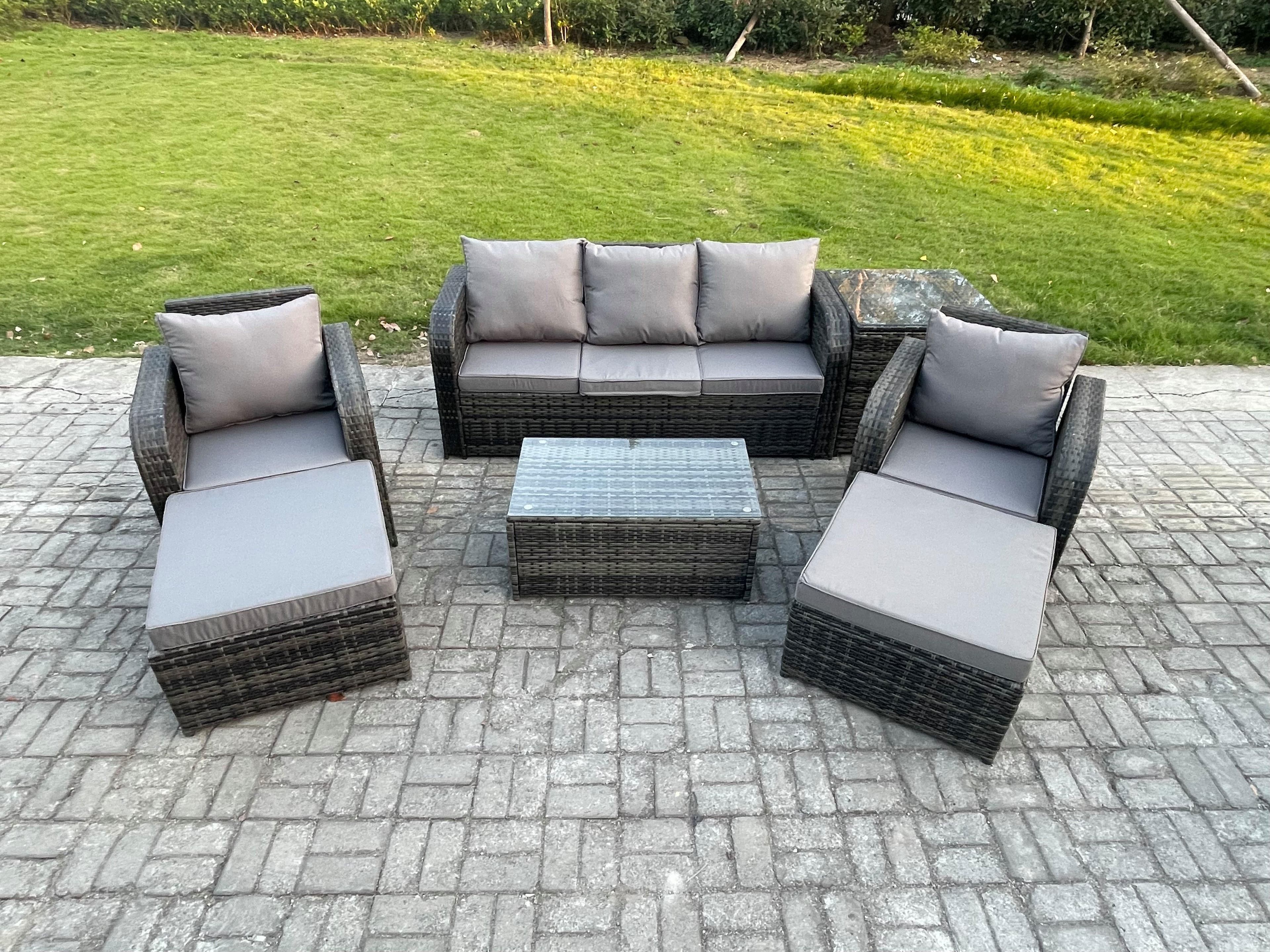 7 Seater Rattan Garden Furniture Set Patio Outdoor Lounge Sofa Set Rectangular Coffee Table 2 Big Footstool