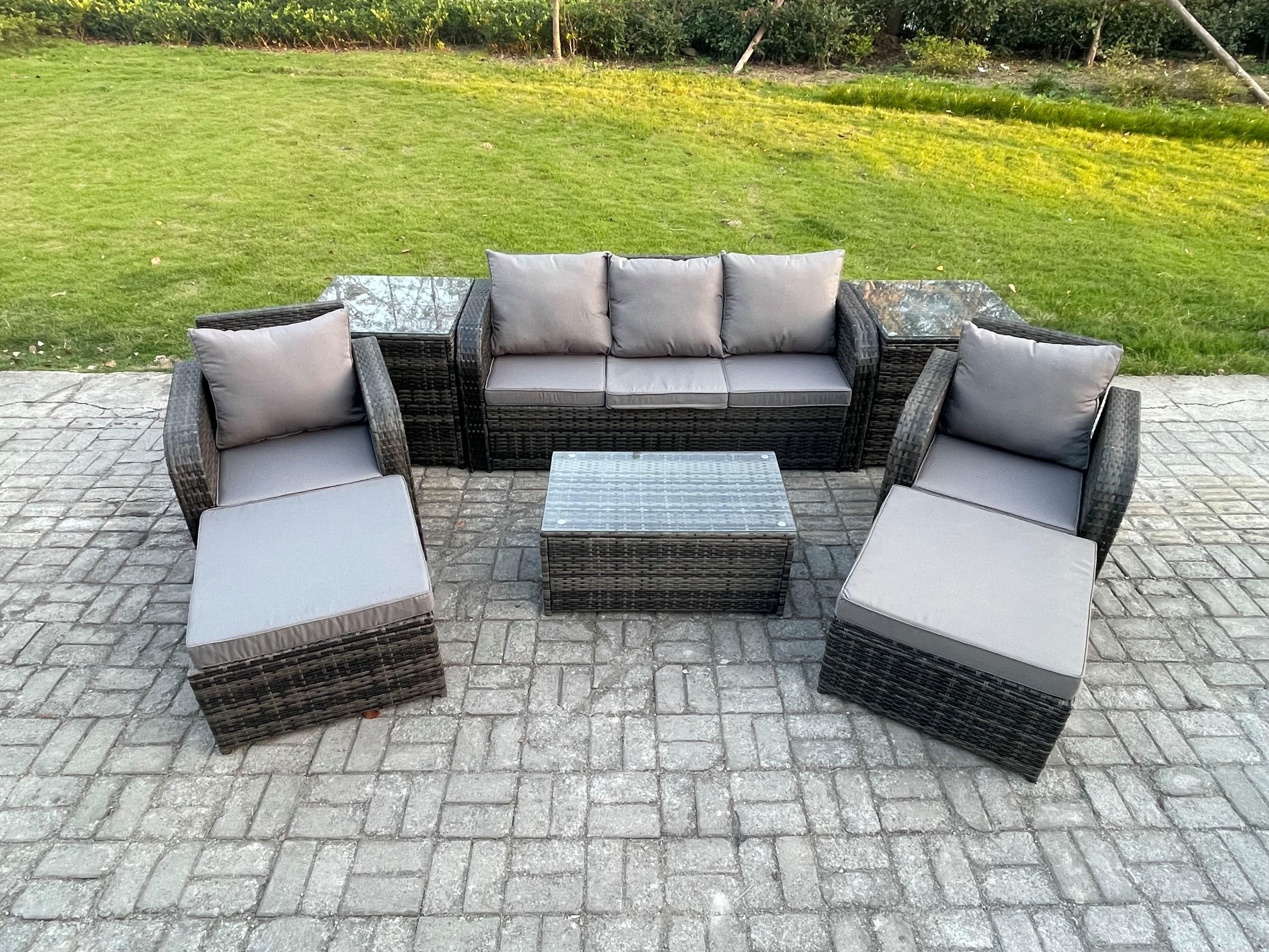 Rattan Garden Furniture Set Patio Outdoor Lounge Sofa Set Rectangular Coffee Table 2 Big Footstool 3 Seater Sofa