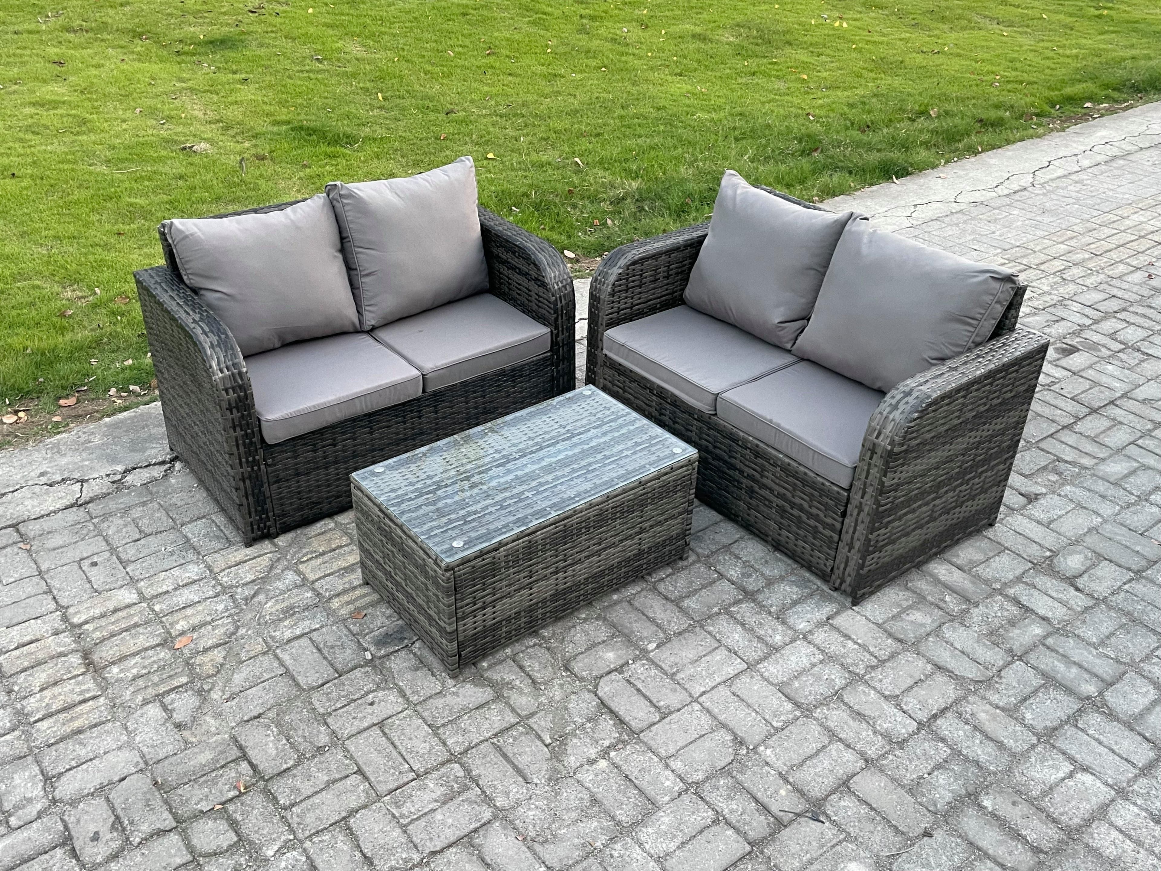 4 Seater Outdoor Lounge Sofa Set Rattan Garden Furniture Set Rectangular Coffee Table Dark Grey Mixed
