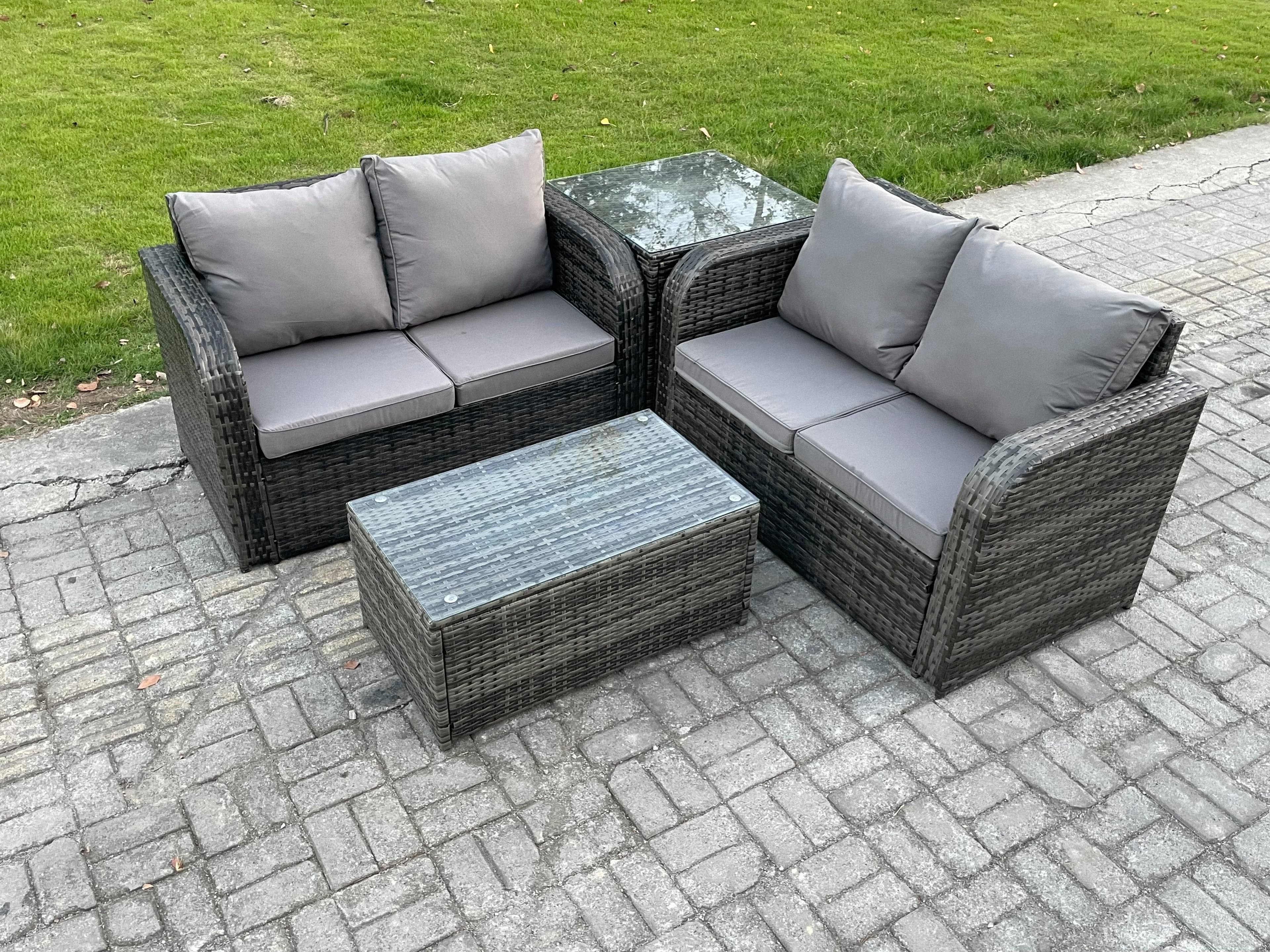 Outdoor Lounge Sofa Set Rattan Garden Furniture Set Rectangular Coffee Table Side Table Dark Grey Mixed