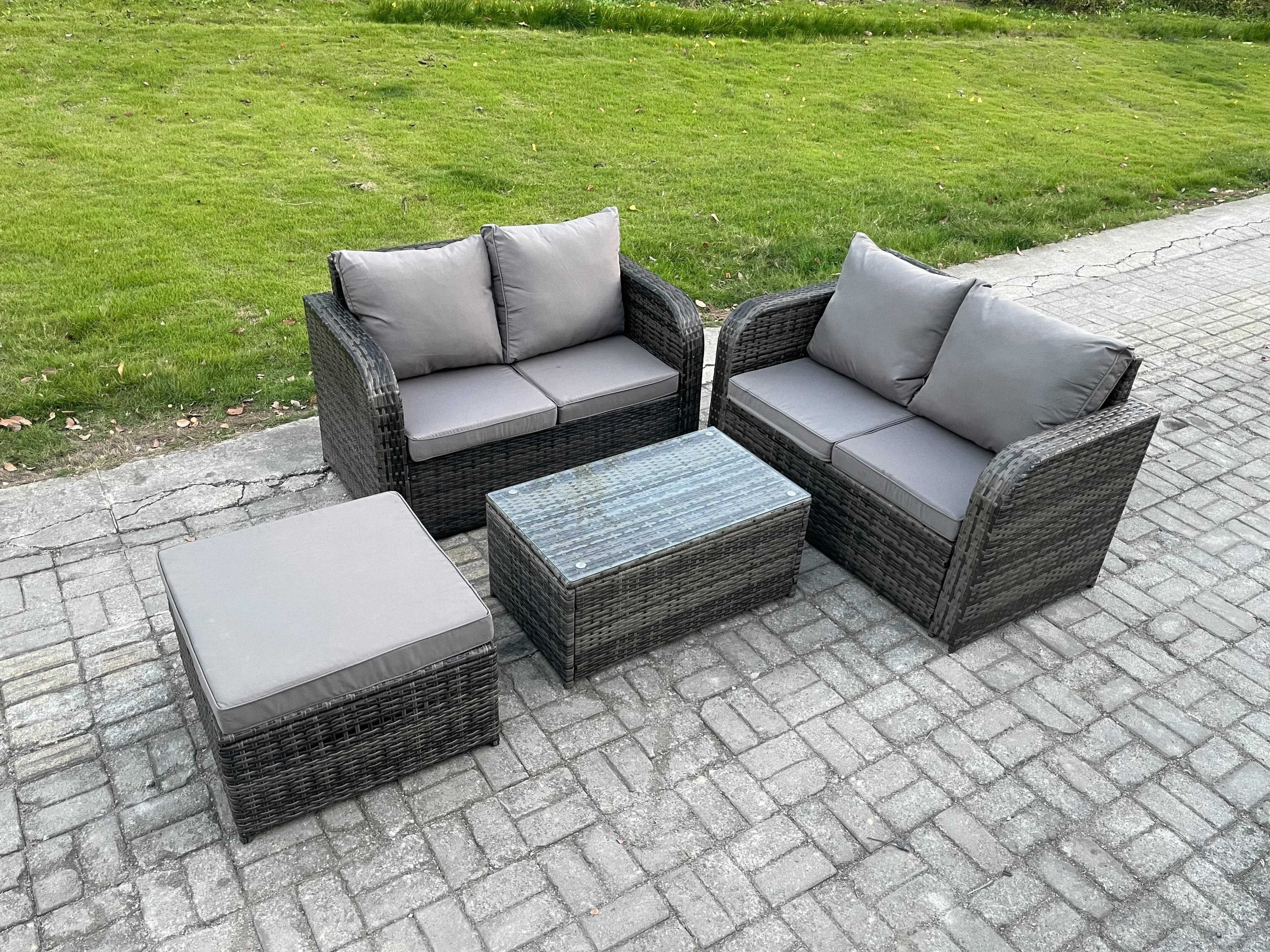 Outdoor Lounge Sofa Set Rattan Garden Furniture Set Rectangular Coffee Table Big Footstool Dark Grey Mixed