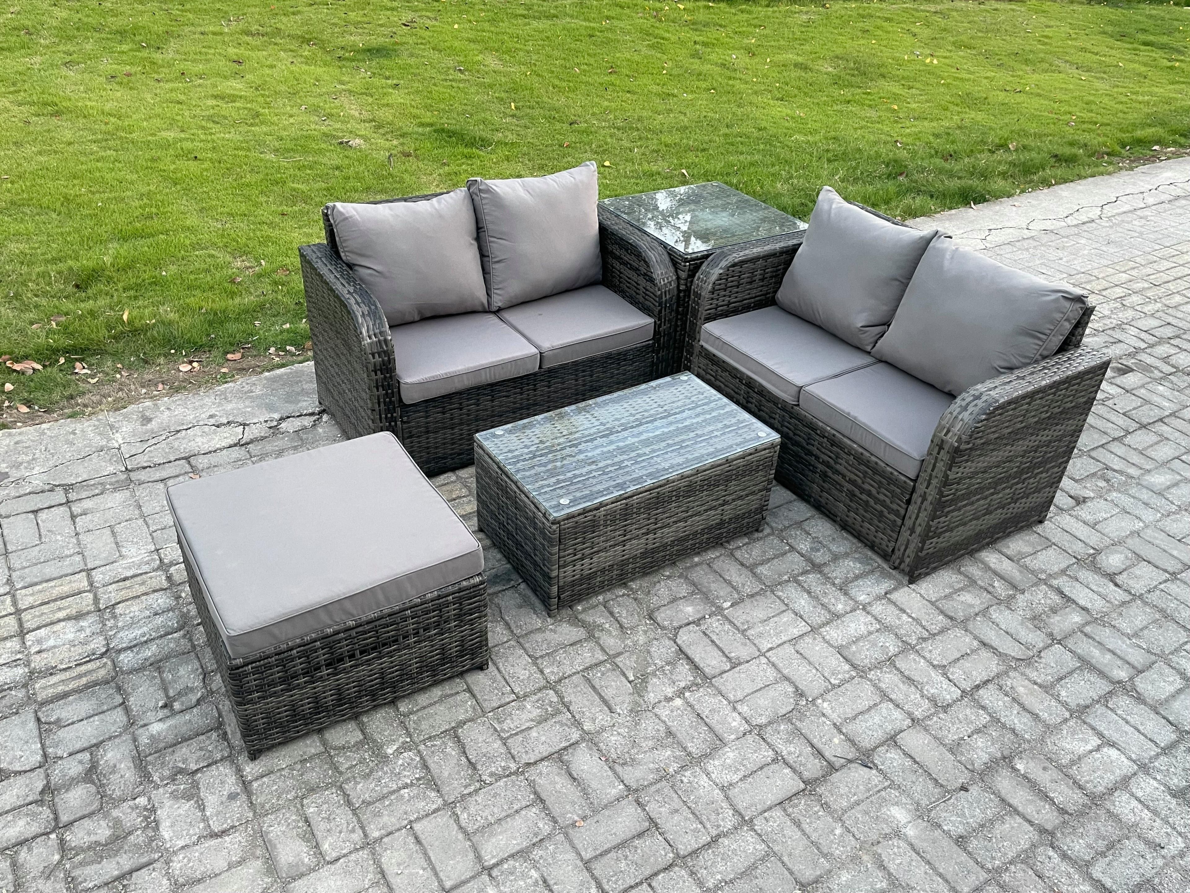 Outdoor Lounge Sofa Set Rattan Garden Furniture Set Rectangular Coffee Table Big Footstool Side Table Dark Grey Mixed