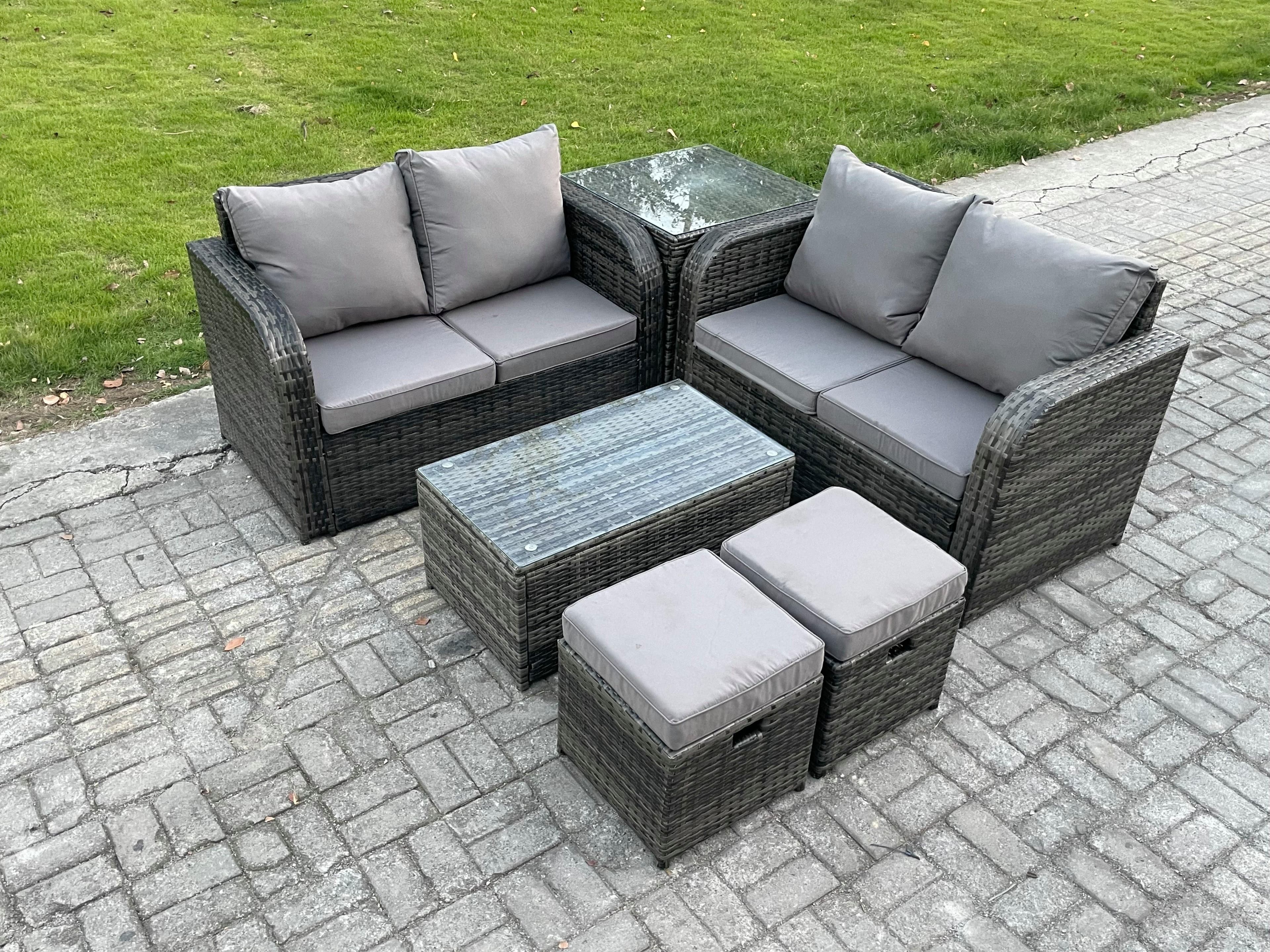 Outdoor Lounge Sofa Set Rattan Garden Furniture Set Rectangular Coffee Table 2 Small Footstools Side Table Dark Grey Mixed