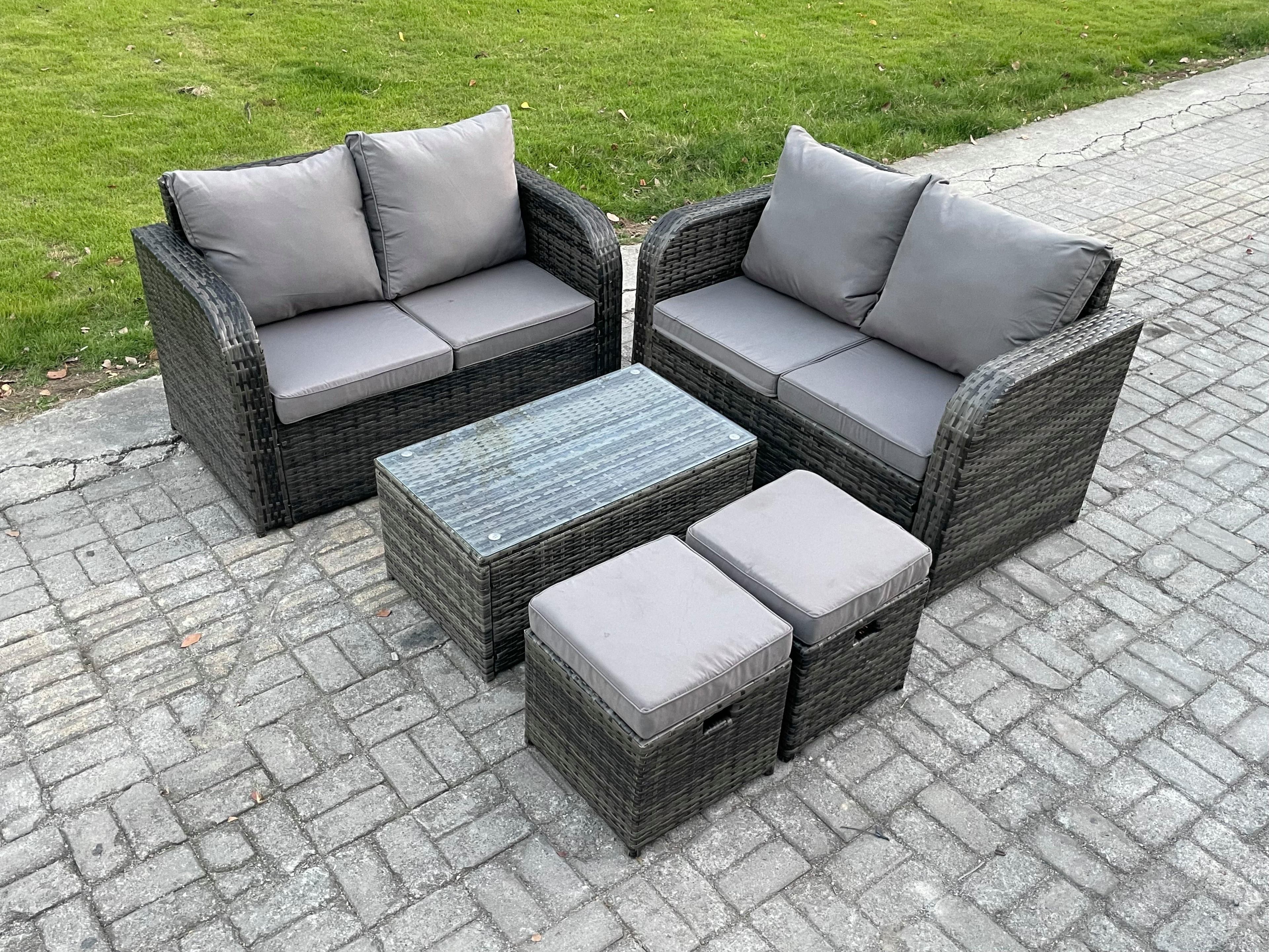 Rattan Garden Furniture Set 6 Seater Patio Outdoor Lounge Sofa Set Rectangular Coffee Table 2 Small Footstools