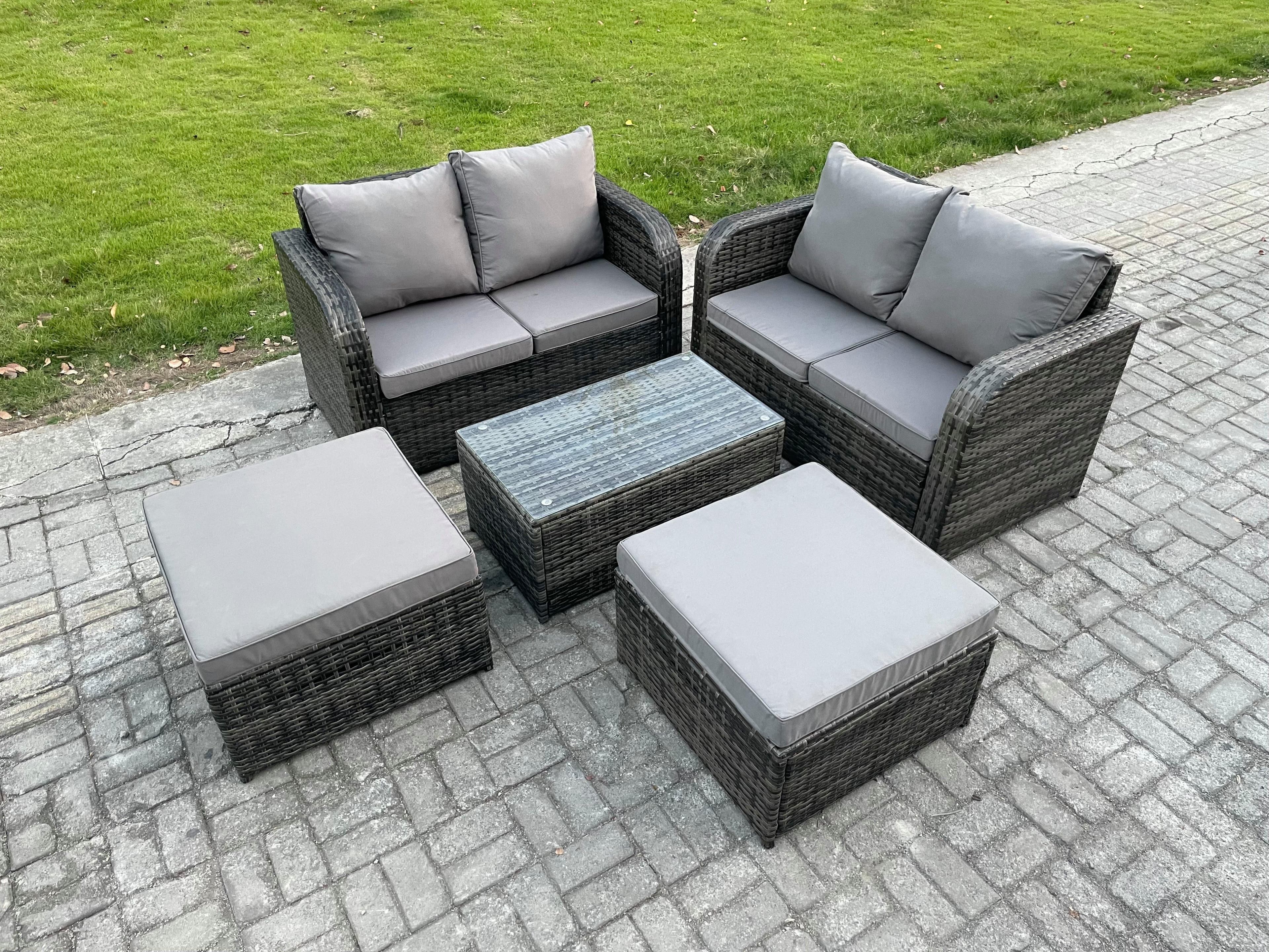 Rattan Garden Furniture Set 6 Seater Patio Outdoor Lounge Sofa Set Rectangular Coffee Table 2 Big Footstool