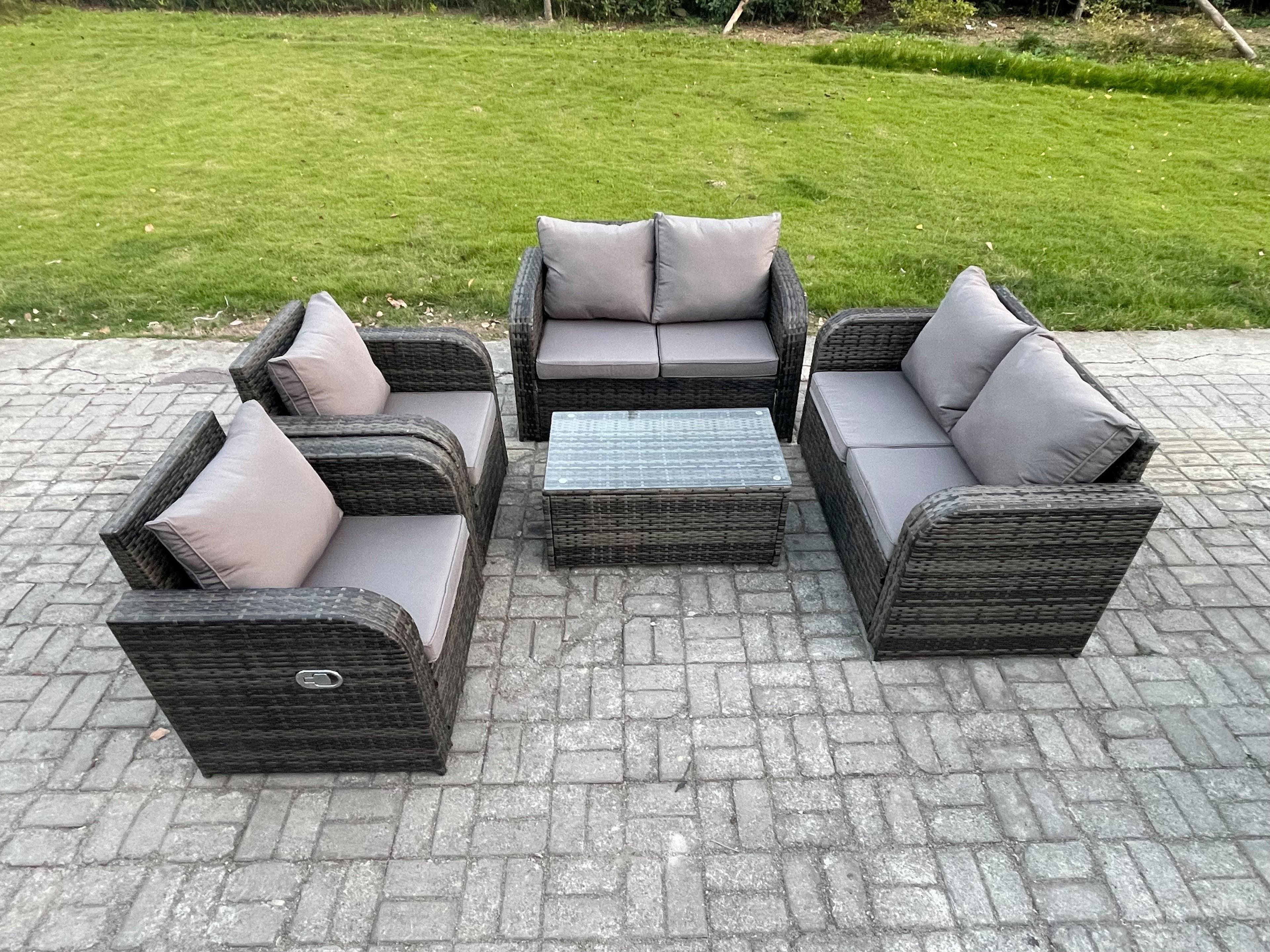 Rattan Garden Furniture Set Patio Outdoor Lounge Sofa Set 2 Reclining Chairs Rectangular Coffee Table Dark Grey Mixed
